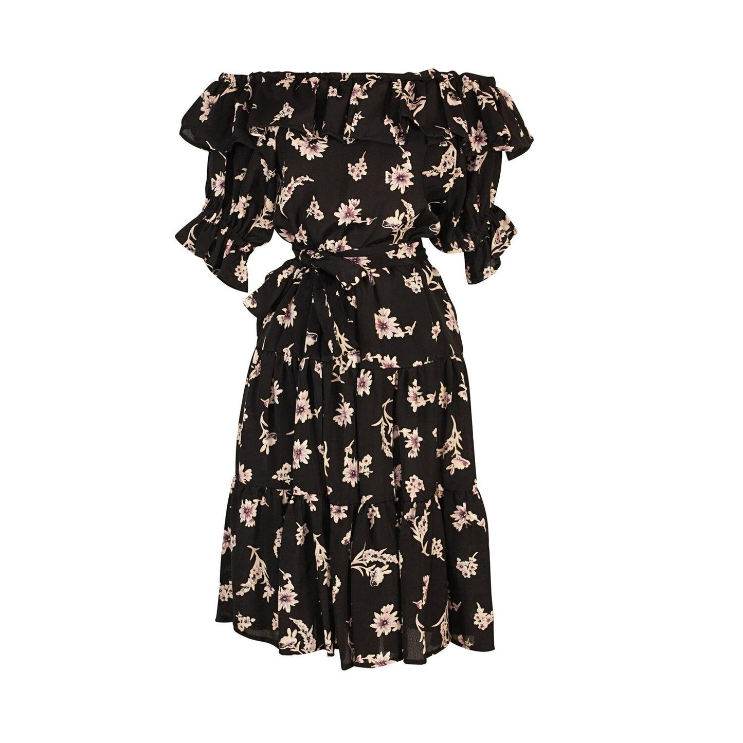 black, floral, ruffle, ruffle dress, off the shoulder, flowy, tiered, boho, jennafergrace, handmade, madeinusa