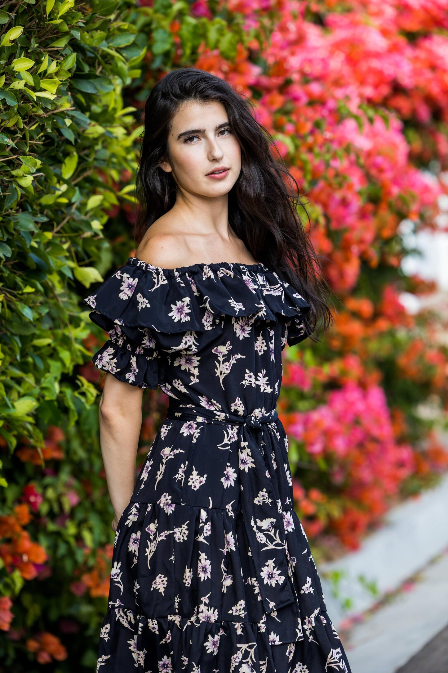 black, floral, ruffle, ruffle dress, off the shoulder, flowy, tiered, boho, jennafergrace, handmade, madeinusa