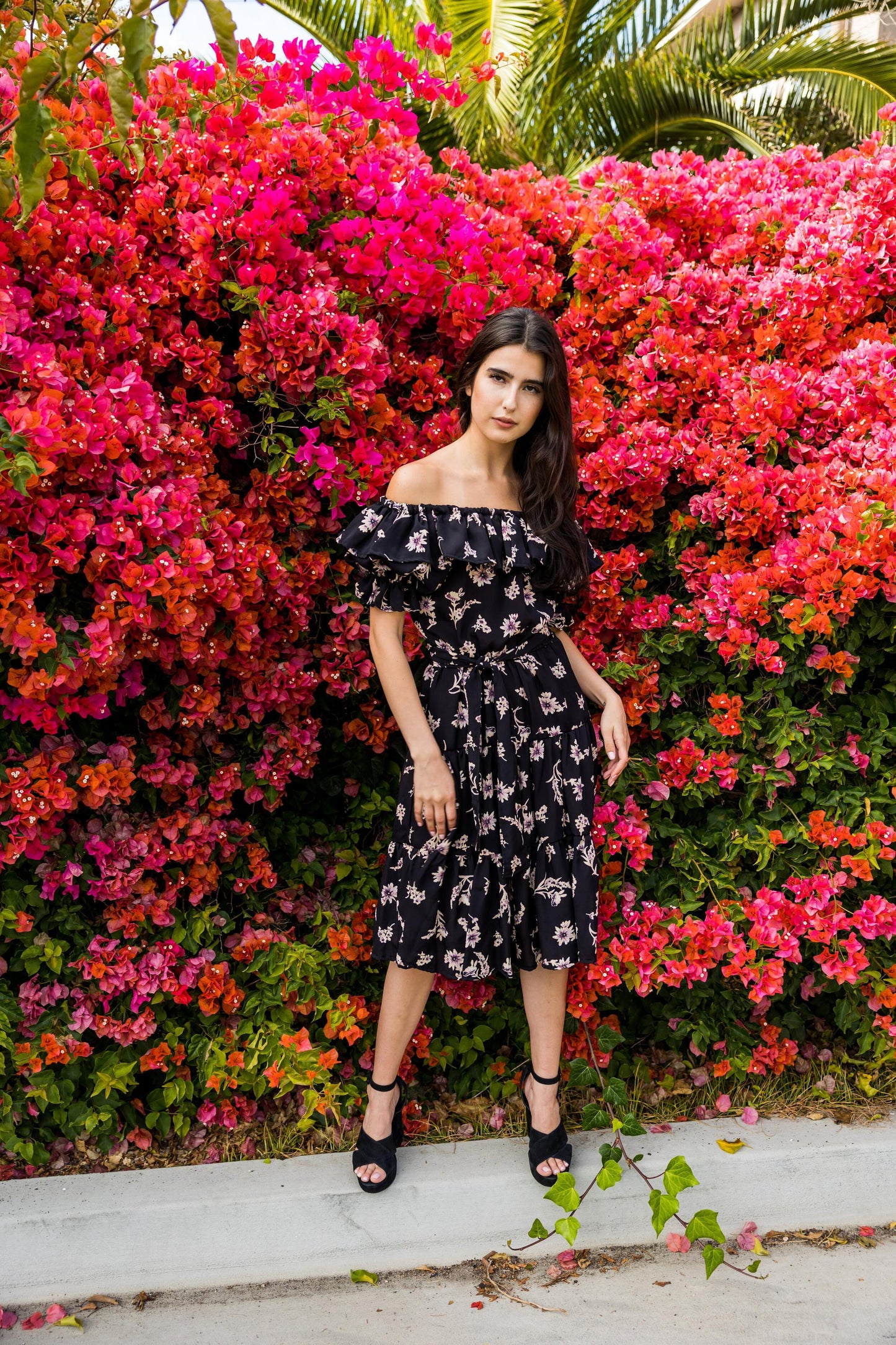 black, floral, ruffle, ruffle dress, off the shoulder, flowy, tiered, boho, jennafergrace, handmade, madeinusa