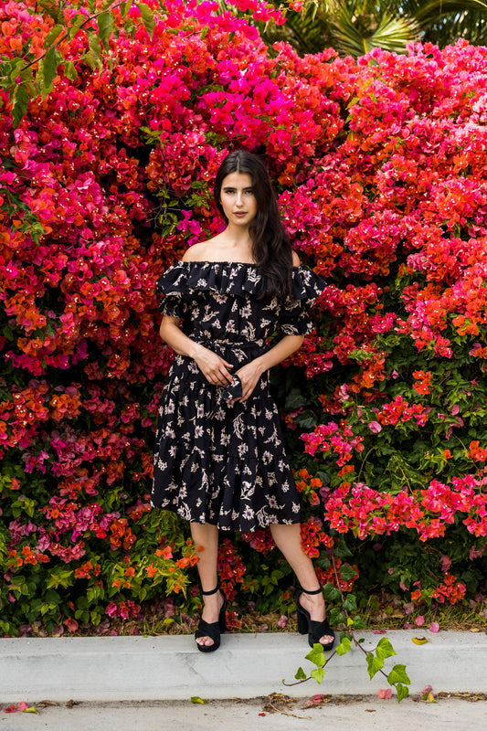black, floral, ruffle, ruffle dress, off the shoulder, flowy, tiered, boho, jennafergrace, handmade, madeinusa