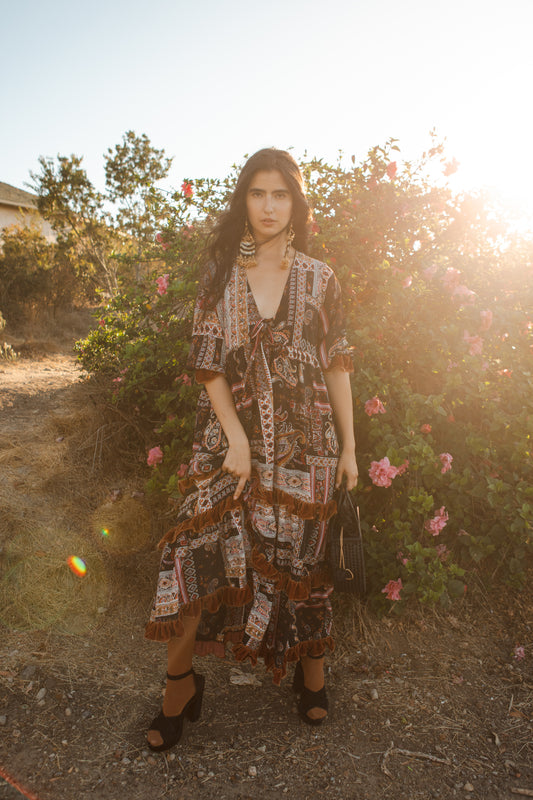 Jennafer Grace Lucia Cinnabar Velvet Ruffle maxi dress black orange-red paisley cinnabar titian rust orange summer dress full circle skirt cuff sleeves boho bohemian hippie romantic whimsical unisex handmade in California USA