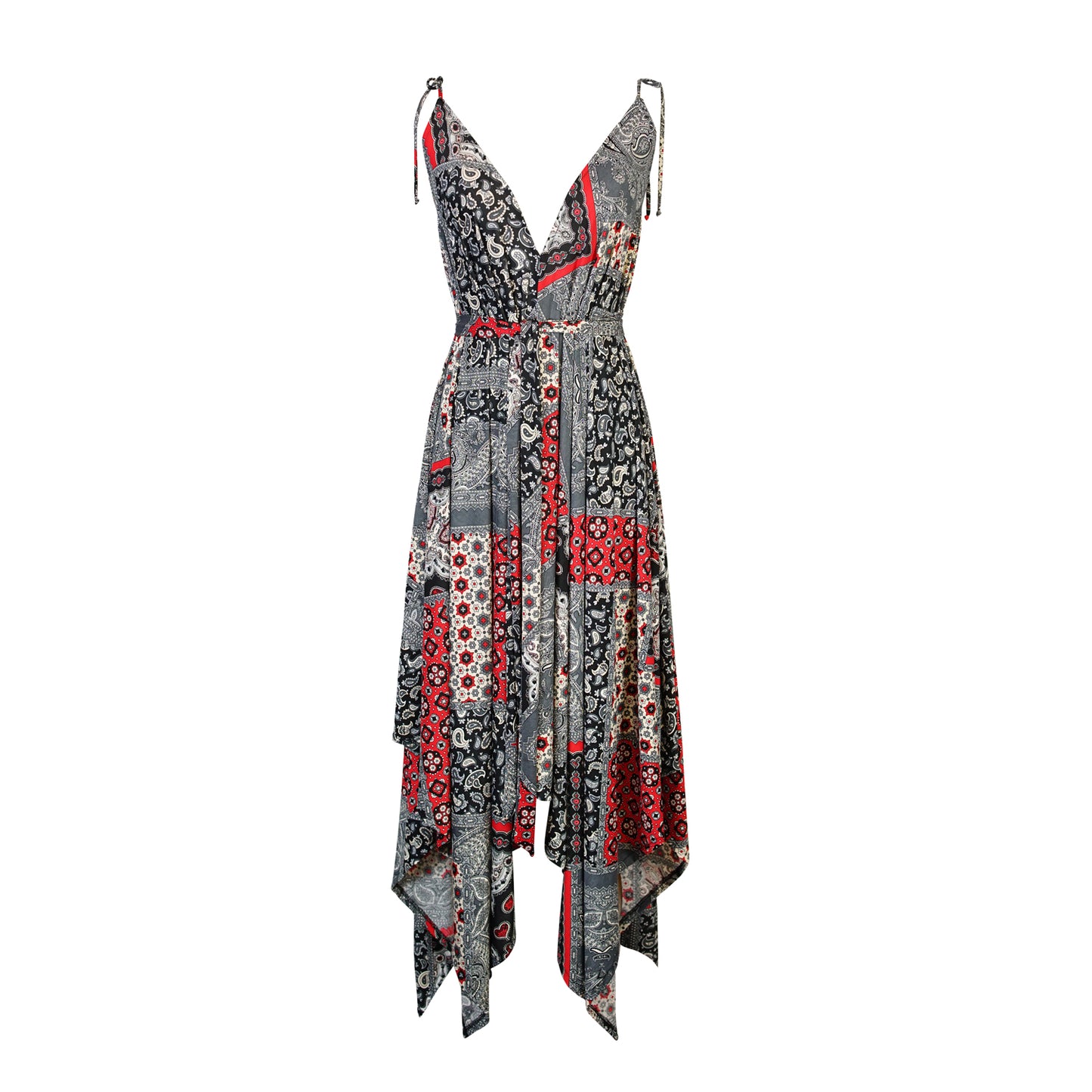 jennafer grace Lucia Rouge Scarf Dress black red bandana paisley scarf print bohemian boho hippie empire waist summer dress summery flowy resort holiday coverup handmade in California USA