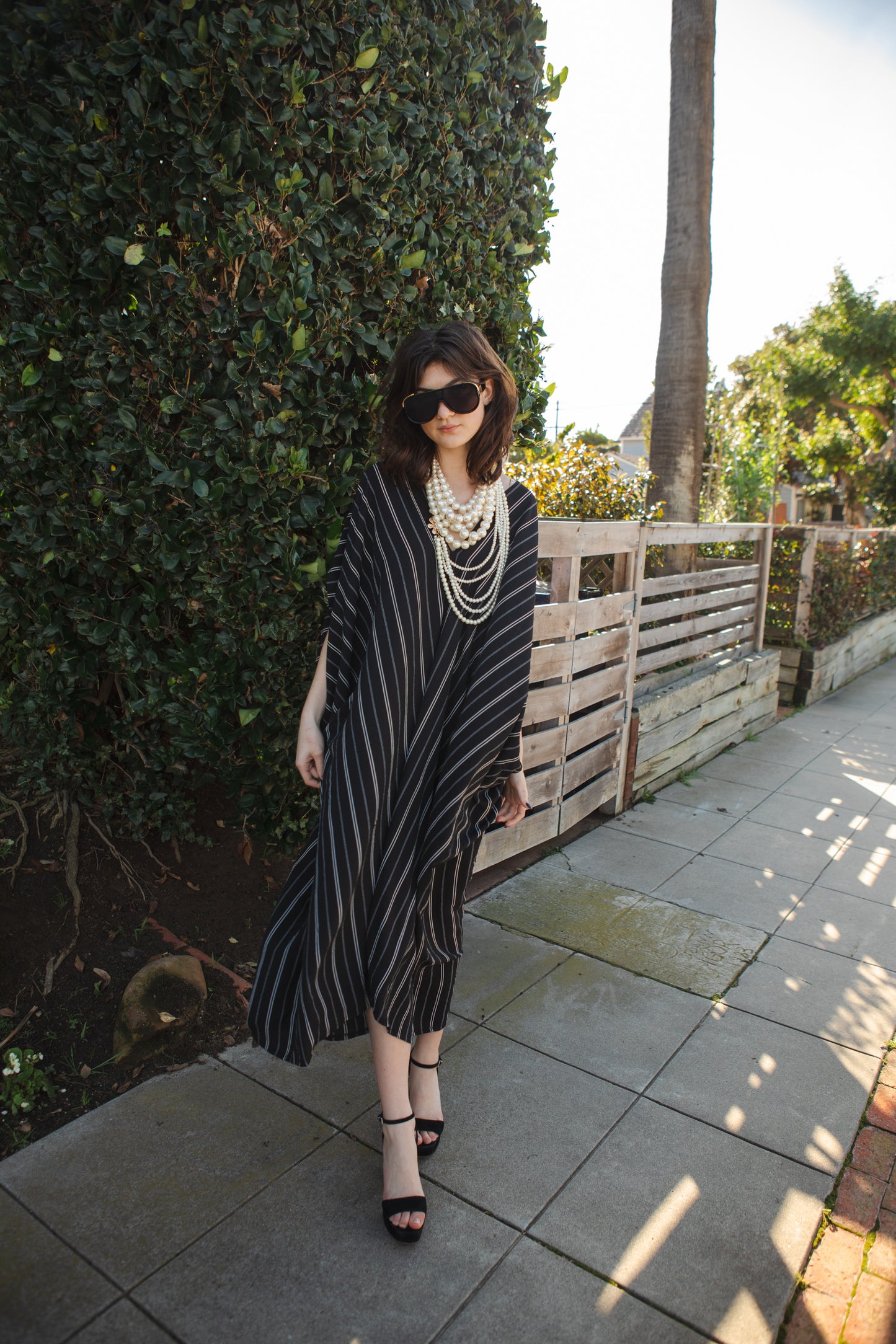jennafer grace Luciano Stripe caftan white thin vertical stripes on black kaftan mumu shift dress swimsuit coverup casual boho bohemian hippie beach resort spa lounge loungewear layering unisex handmade in California USA