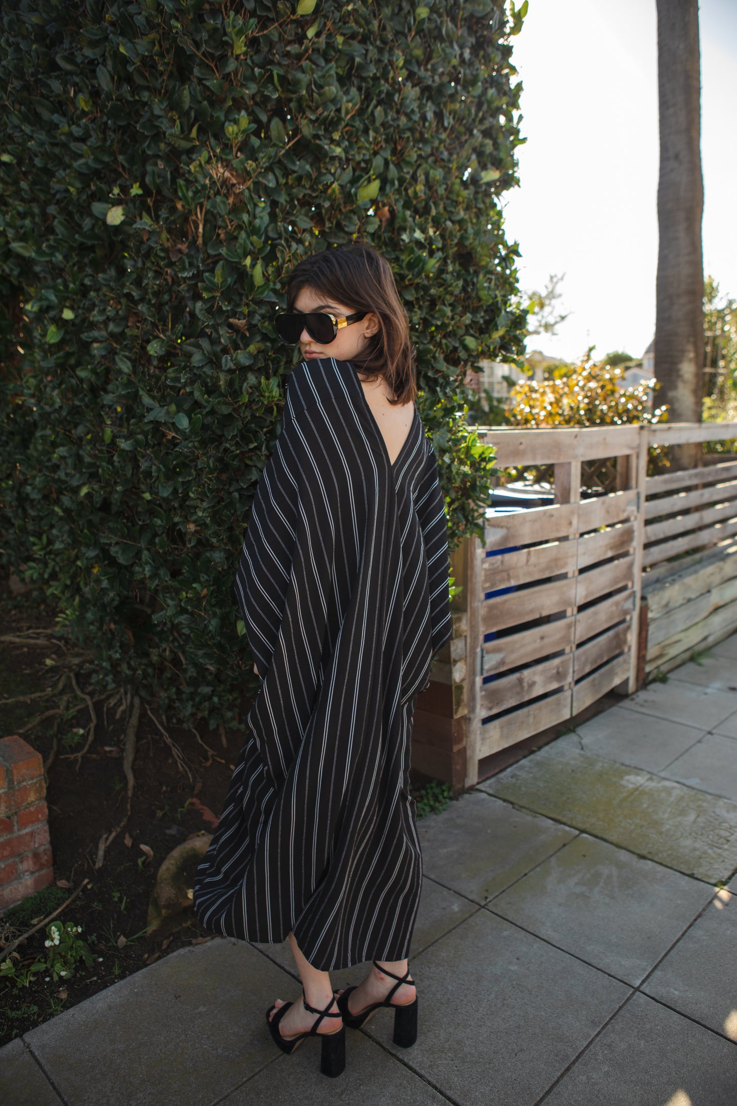 jennafer grace Luciano Stripe caftan white thin vertical stripes on black kaftan mumu shift dress swimsuit coverup casual boho bohemian hippie beach resort spa lounge loungewear layering unisex handmade in California USA
