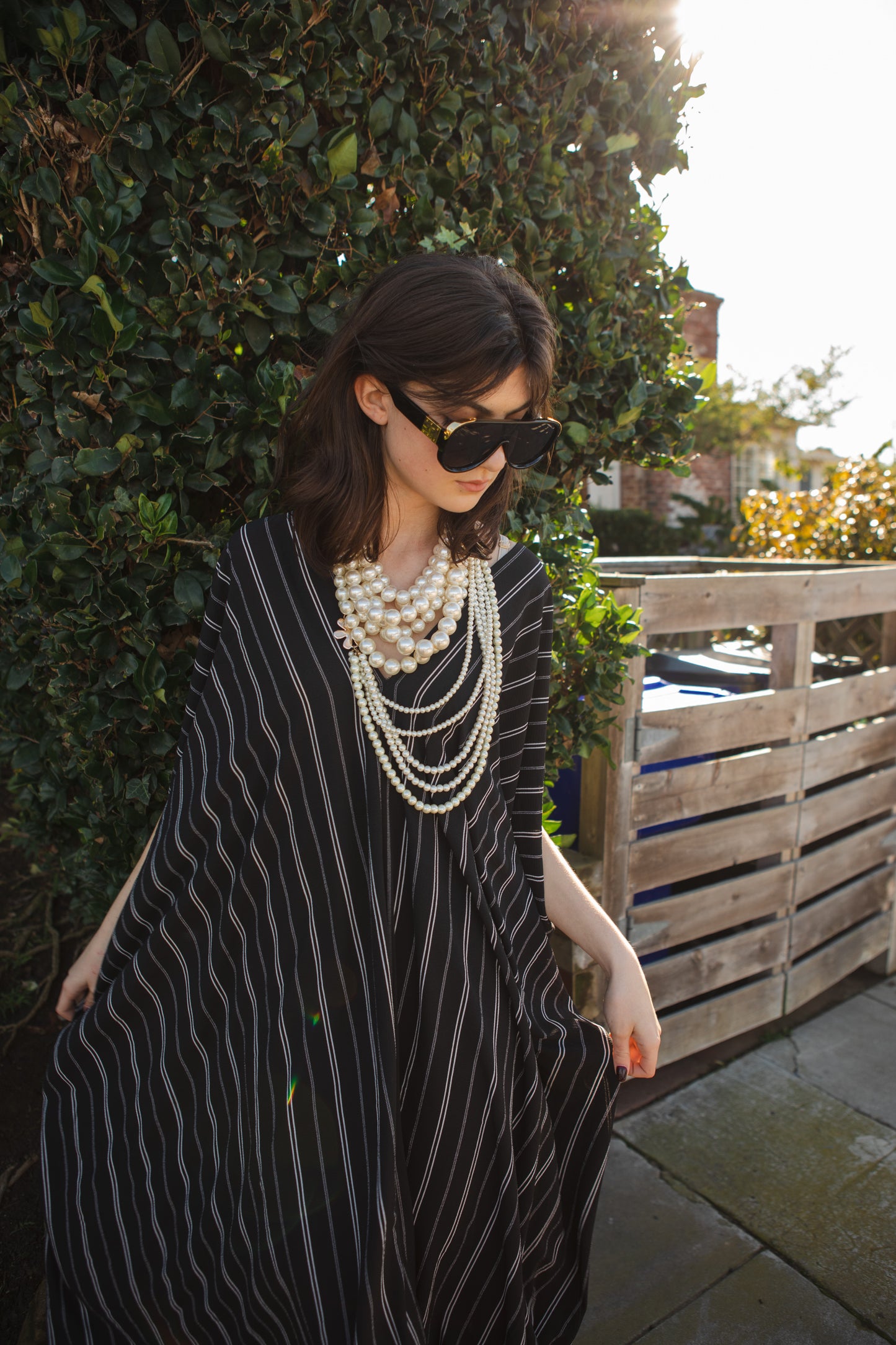 jennafer grace Luciano Stripe caftan white thin vertical stripes on black kaftan mumu shift dress swimsuit coverup casual boho bohemian hippie beach resort spa lounge loungewear layering unisex handmade in California USA
