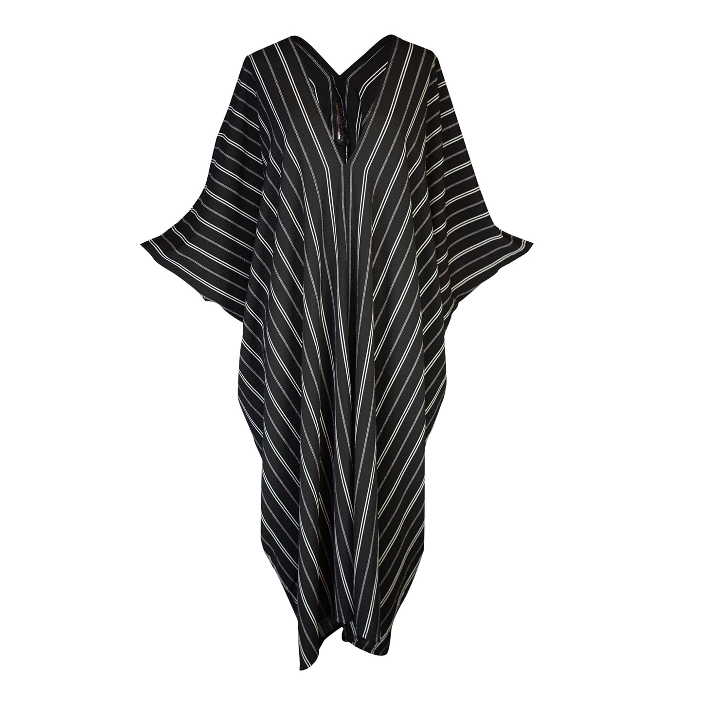 jennafer grace Luciano Stripe caftan white thin vertical stripes on black kaftan mumu shift dress swimsuit coverup casual boho bohemian hippie beach resort spa lounge loungewear layering unisex handmade in California USA