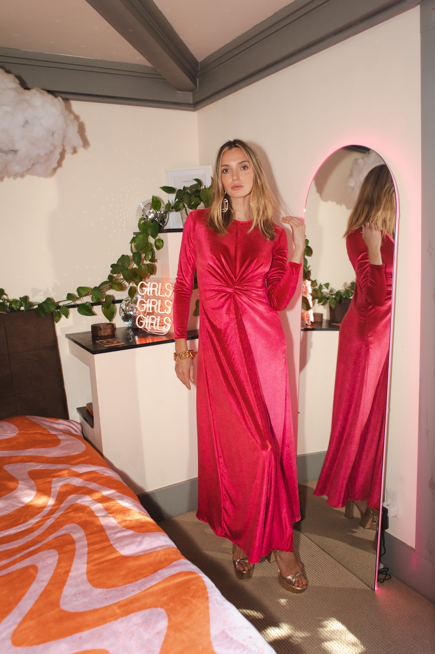 Jennafer Grace Magenta Velvet Knot Dress fuchsia hot pink stretch velvet long sleeve maxi dress knot waist detail invisible zipper cocktail party evening dress handmade in California USA