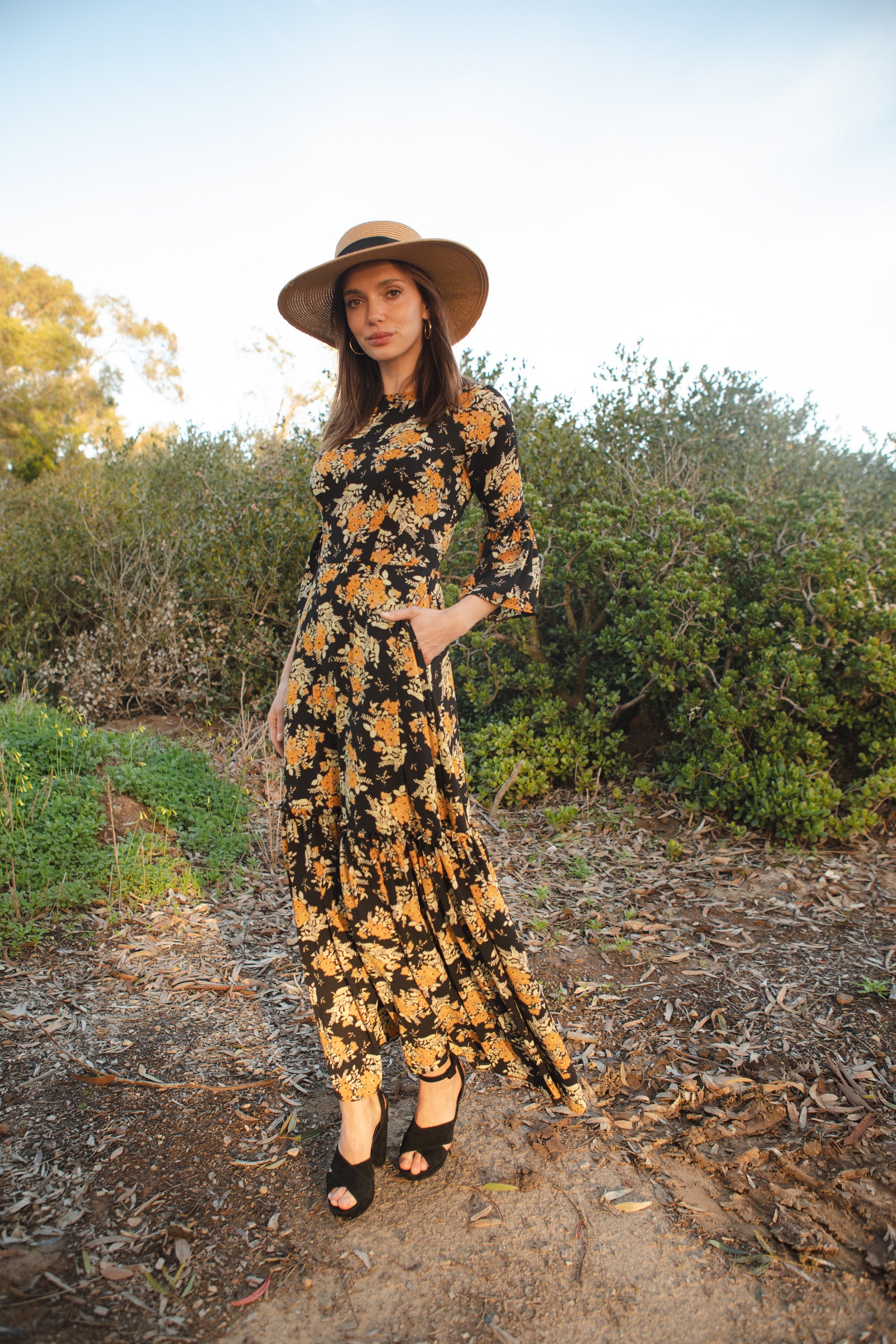 Jennafer Grace Marigold Blossom 1-Tier ruffle dress mustard yellow floral on black summer dress spring evening gown full circle skirt bell sleeves gothic boho bohemian hippie romantic whimsical unisex handmade in California USA