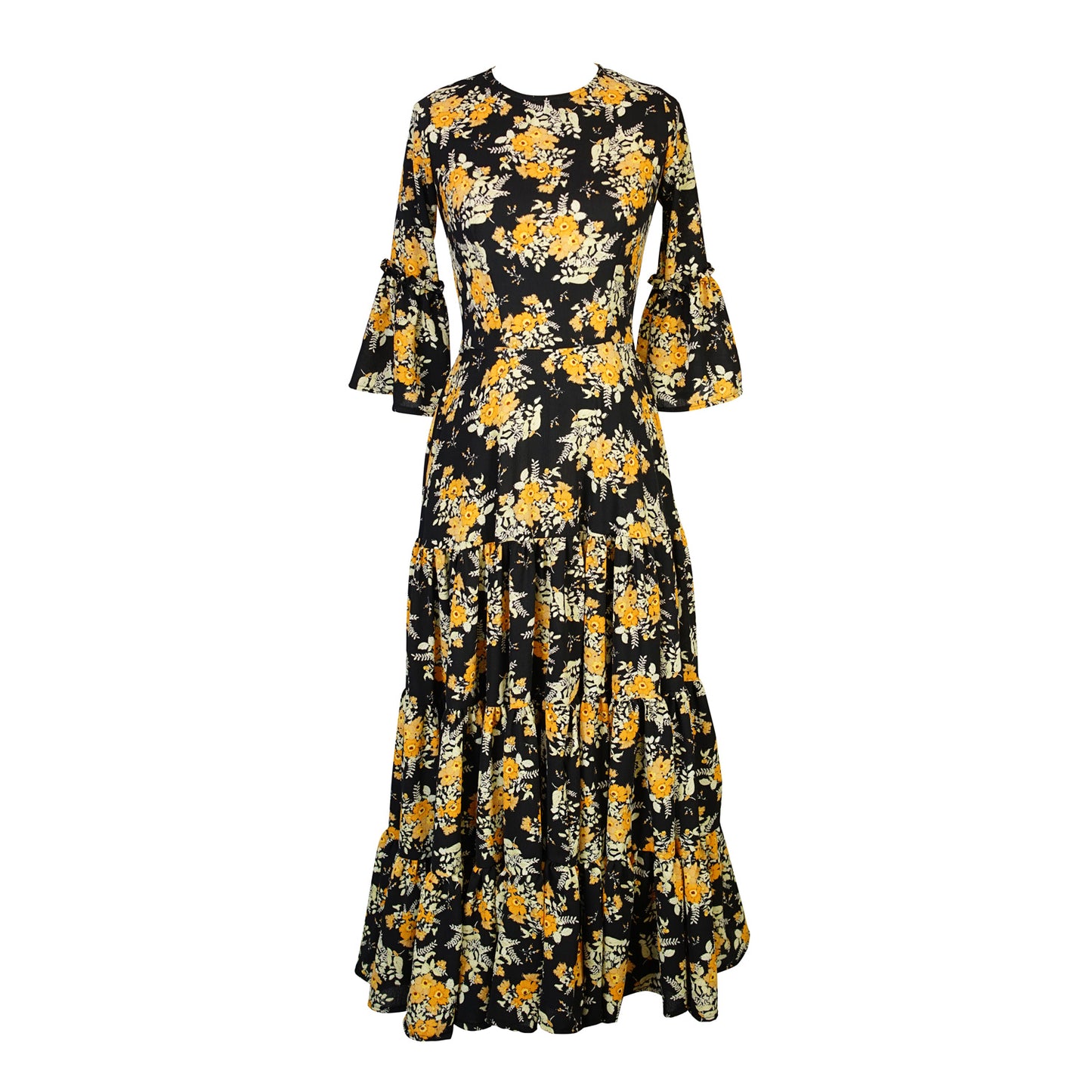 Jennafer Grace Petite Marigold Blossom ruffle dress mustard yellow floral on black summer dress spring evening gown full circle skirt bell sleeves boho bohemian hippie romantic whimsical unisex handmade in California USA