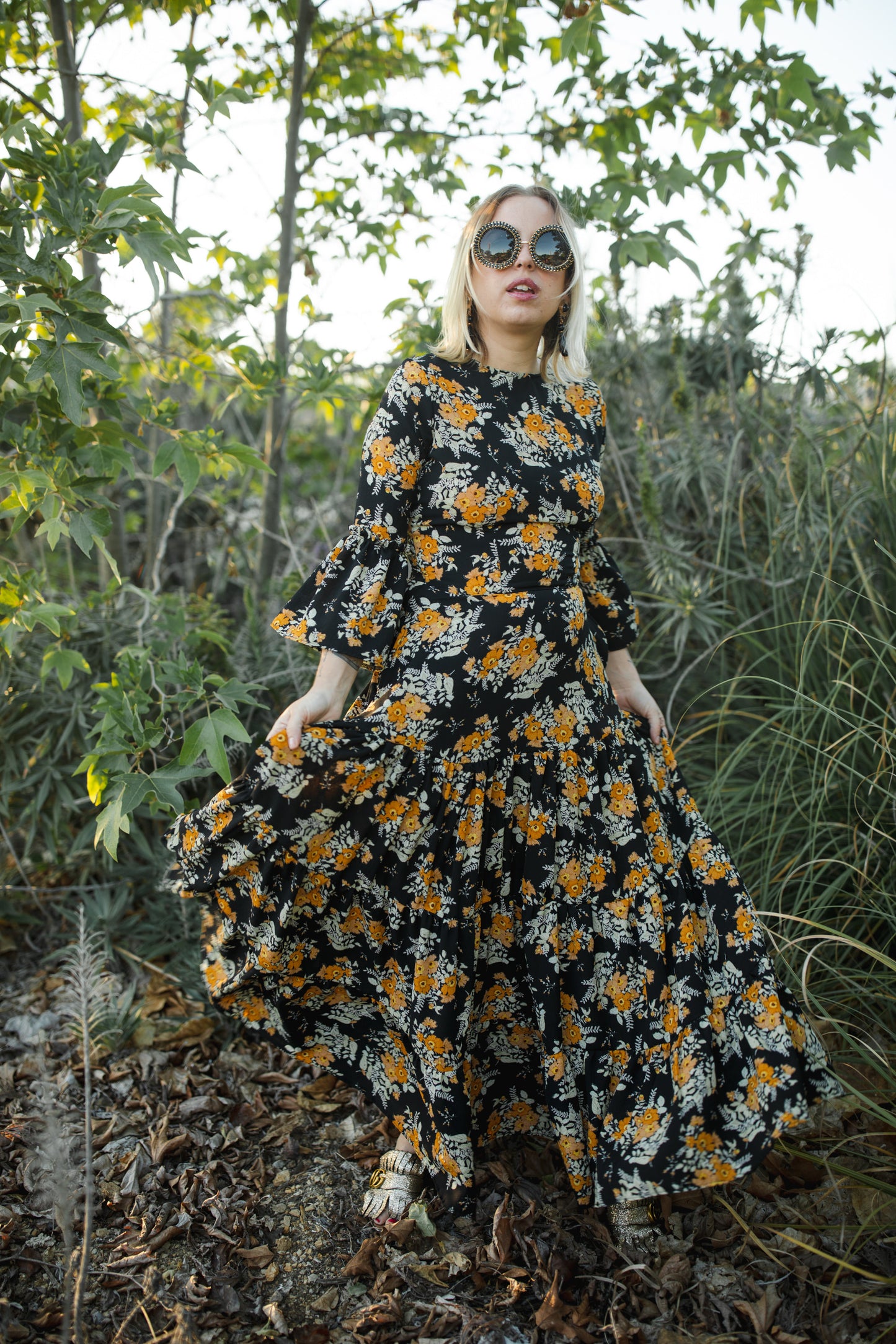 Jennafer Grace Petite Marigold Blossom ruffle dress mustard yellow floral on black summer dress spring evening gown full circle skirt bell sleeves boho bohemian hippie romantic whimsical unisex handmade in California USA