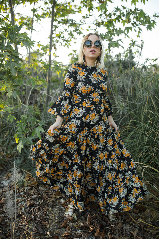 Jennafer Grace Petite Marigold Blossom ruffle dress mustard yellow floral on black summer dress spring evening gown full circle skirt bell sleeves boho bohemian hippie romantic whimsical unisex handmade in California USA