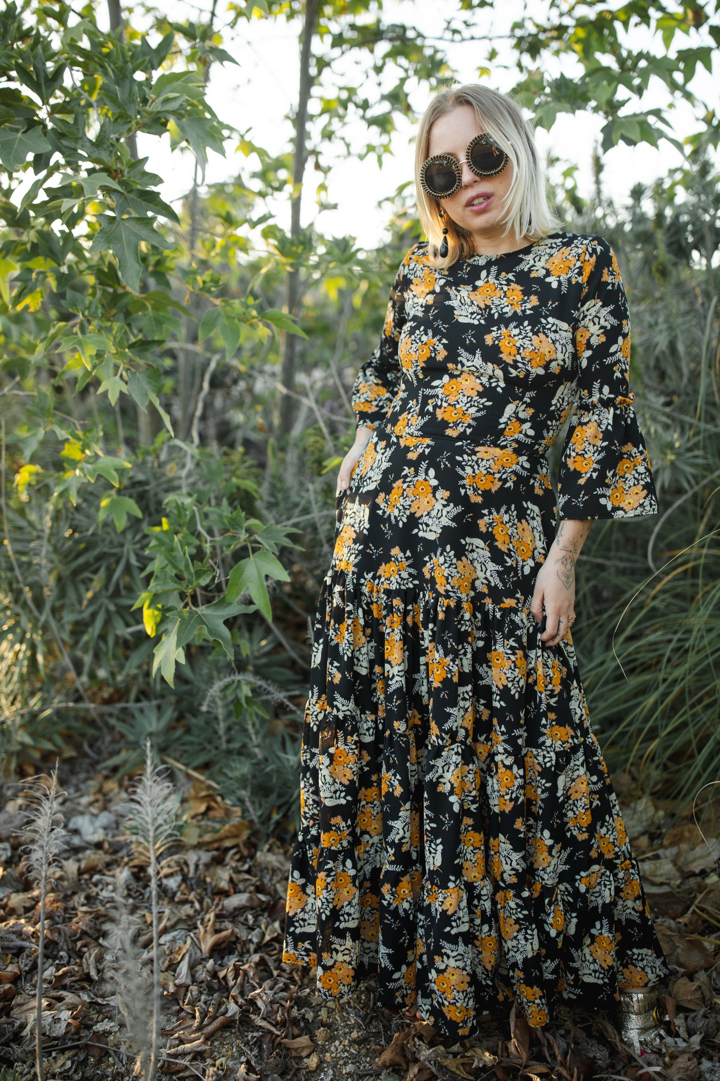 Jennafer Grace Petite Marigold Blossom ruffle dress mustard yellow floral on black summer dress spring evening gown full circle skirt bell sleeves boho bohemian hippie romantic whimsical unisex handmade in California USA