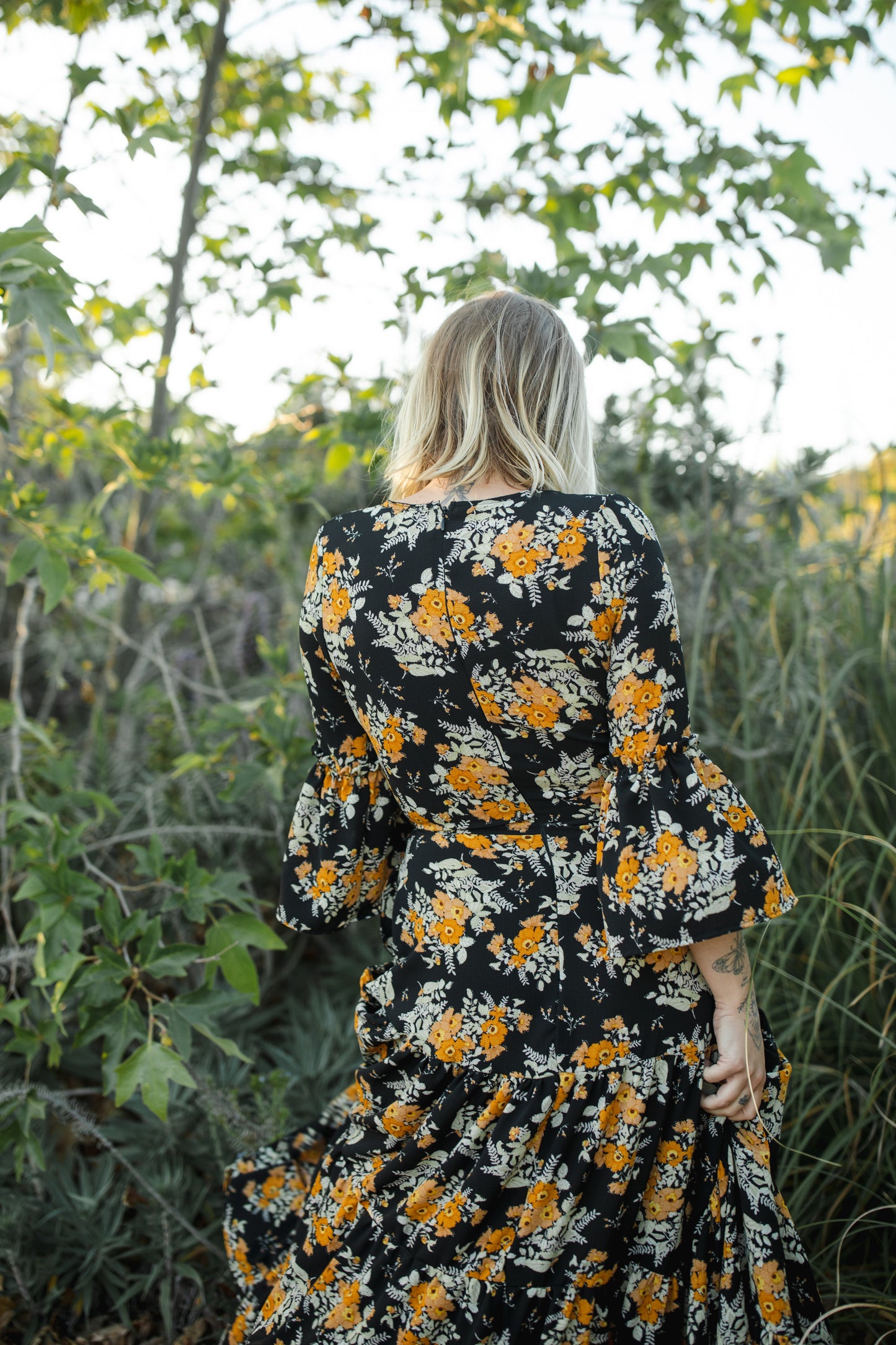 Jennafer Grace Petite Marigold Blossom ruffle dress mustard yellow floral on black summer dress spring evening gown full circle skirt bell sleeves boho bohemian hippie romantic whimsical unisex handmade in California USA