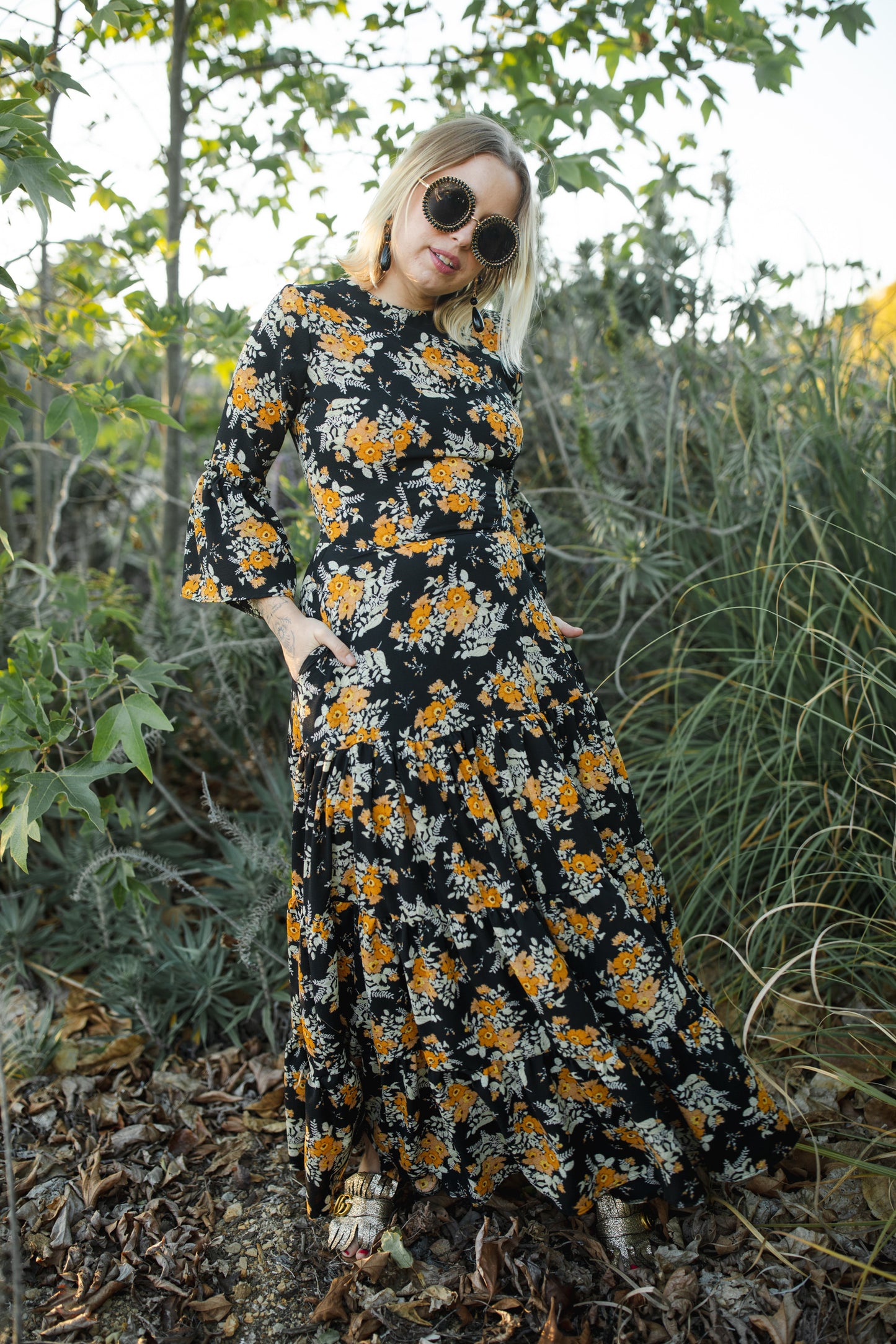 Jennafer Grace Petite Marigold Blossom ruffle dress mustard yellow floral on black summer dress spring evening gown full circle skirt bell sleeves boho bohemian hippie romantic whimsical unisex handmade in California USA