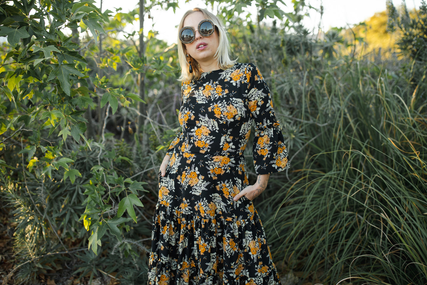 Jennafer Grace Petite Marigold Blossom ruffle dress mustard yellow floral on black summer dress spring evening gown full circle skirt bell sleeves boho bohemian hippie romantic whimsical unisex handmade in California USA