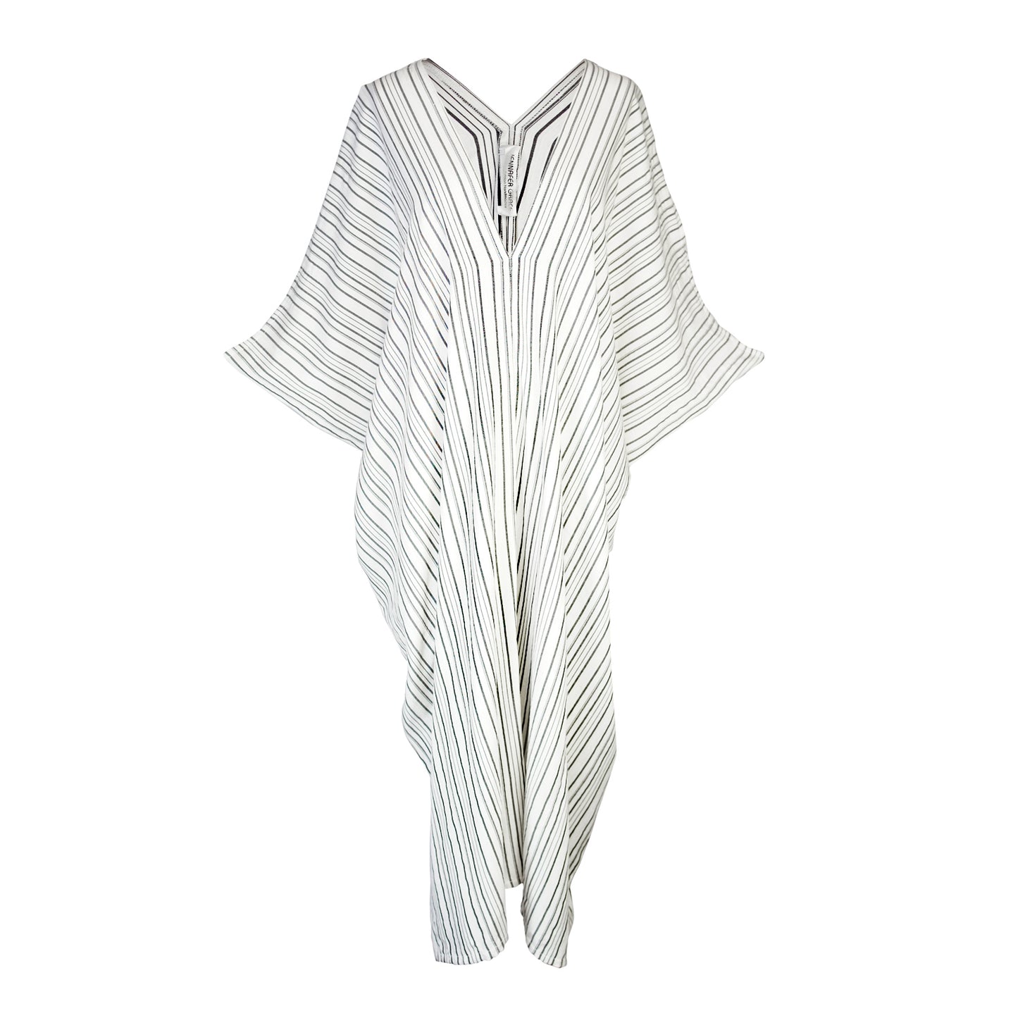 jennafer grace Marlon caftan white with thin vertical black stripes striped kaftan mumu shift dress coverup casual boho bohemian hippie beach resort spa lounge loungewear layering unisex handmade in California USA
