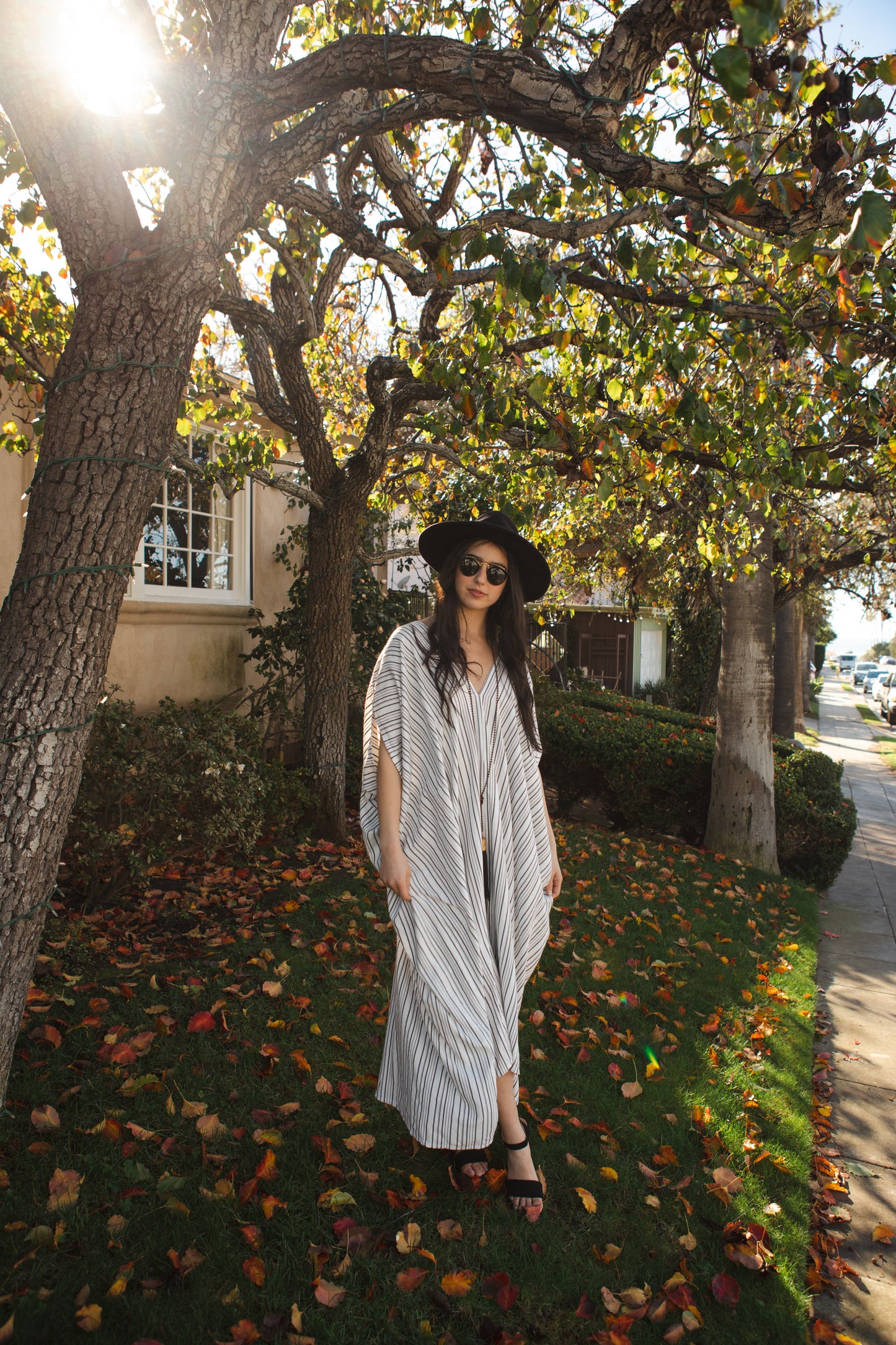 jennafer grace Marlon caftan white with thin vertical black stripes striped kaftan mumu shift dress coverup casual boho bohemian hippie beach resort spa lounge loungewear layering unisex handmade in California USA