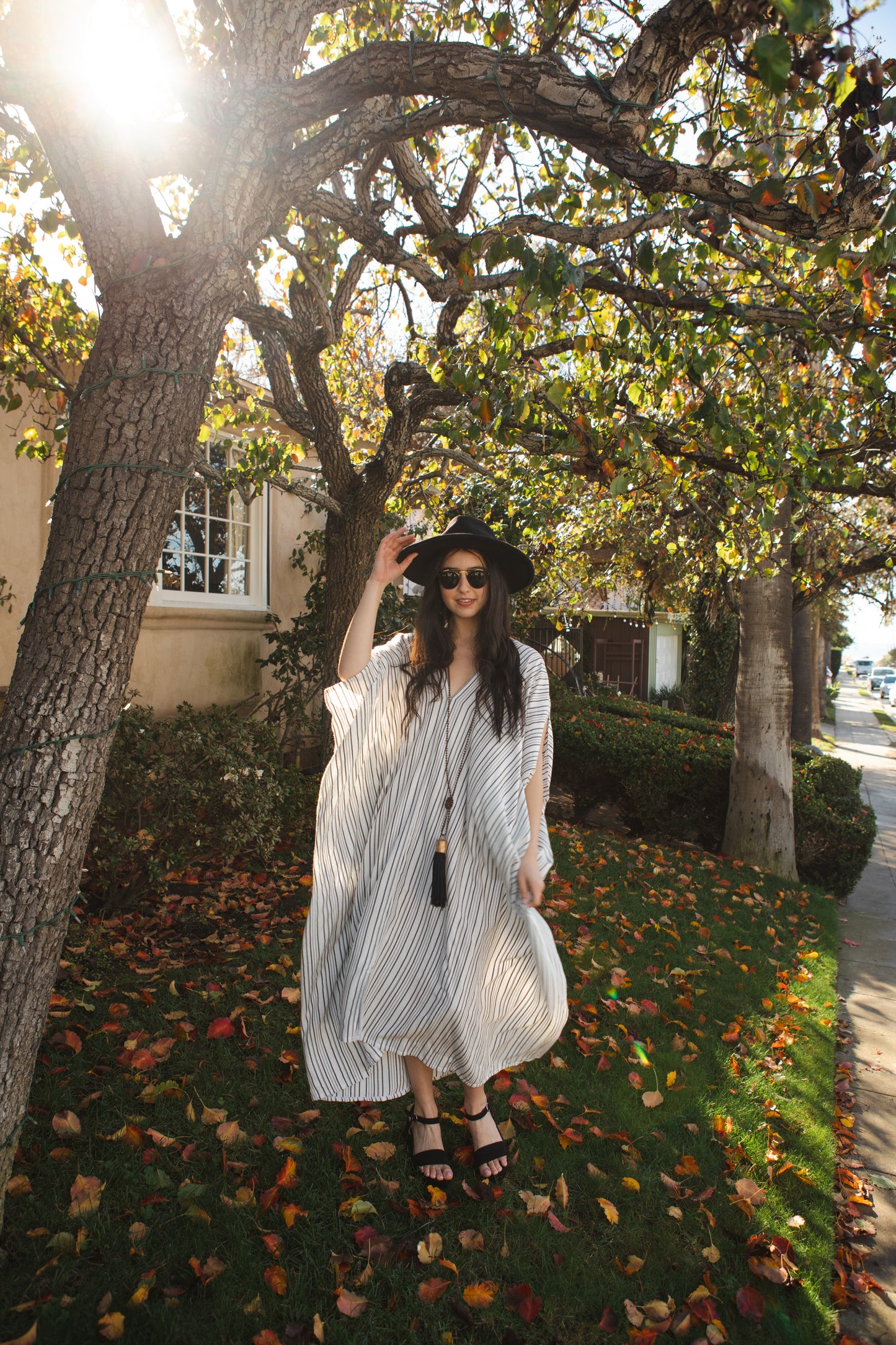 jennafer grace Marlon caftan white with thin vertical black stripes striped kaftan mumu shift dress coverup casual boho bohemian hippie beach resort spa lounge loungewear layering unisex handmade in California USA