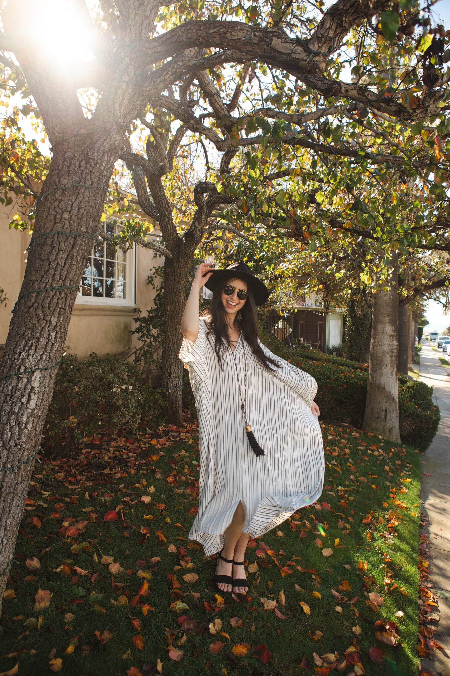 jennafer grace Marlon caftan white with thin vertical black stripes striped kaftan mumu shift dress coverup casual boho bohemian hippie beach resort spa lounge loungewear layering unisex handmade in California USA