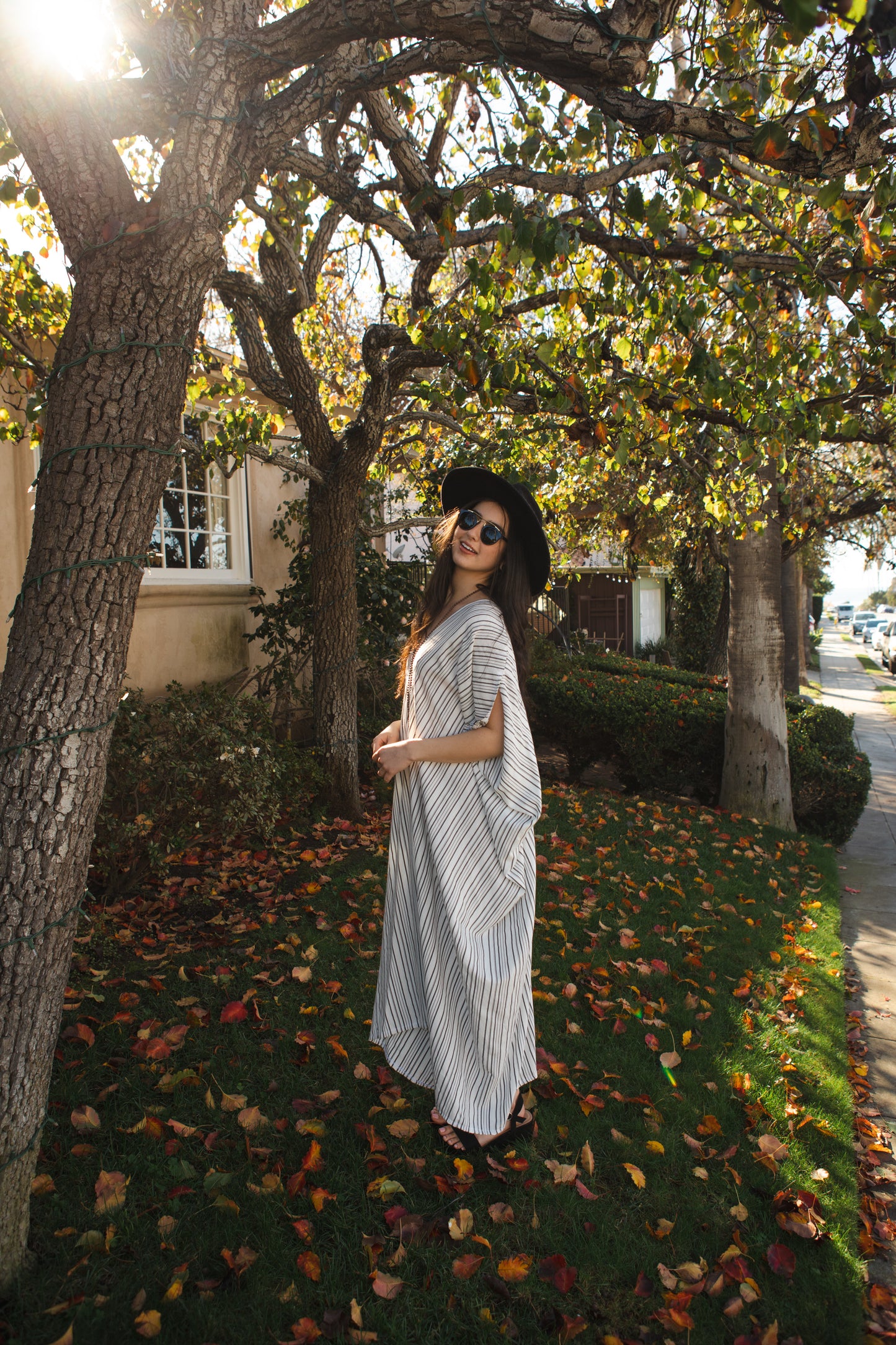 jennafer grace Marlon caftan white with thin vertical black stripes striped kaftan mumu shift dress coverup casual boho bohemian hippie beach resort spa lounge loungewear layering unisex handmade in California USA