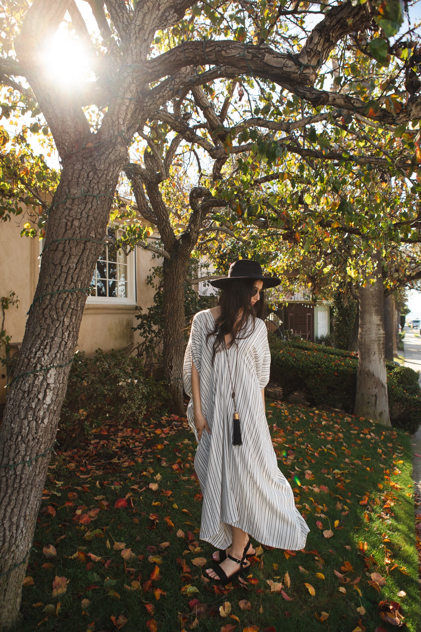 jennafer grace Marlon caftan white with thin vertical black stripes striped kaftan mumu shift dress coverup casual boho bohemian hippie beach resort spa lounge loungewear layering unisex handmade in California USA