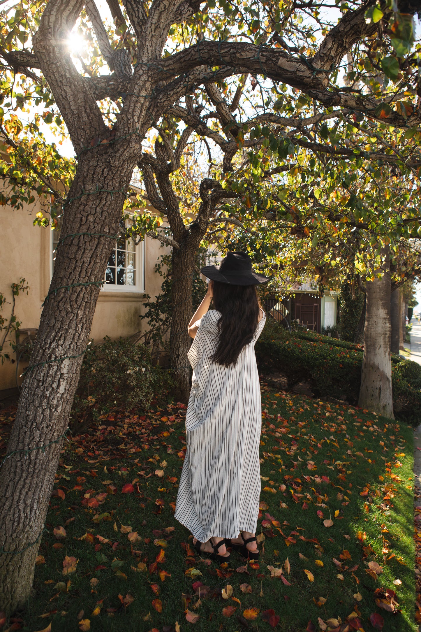 jennafer grace Marlon caftan white with thin vertical black stripes striped kaftan mumu shift dress coverup casual boho bohemian hippie beach resort spa lounge loungewear layering unisex handmade in California USA