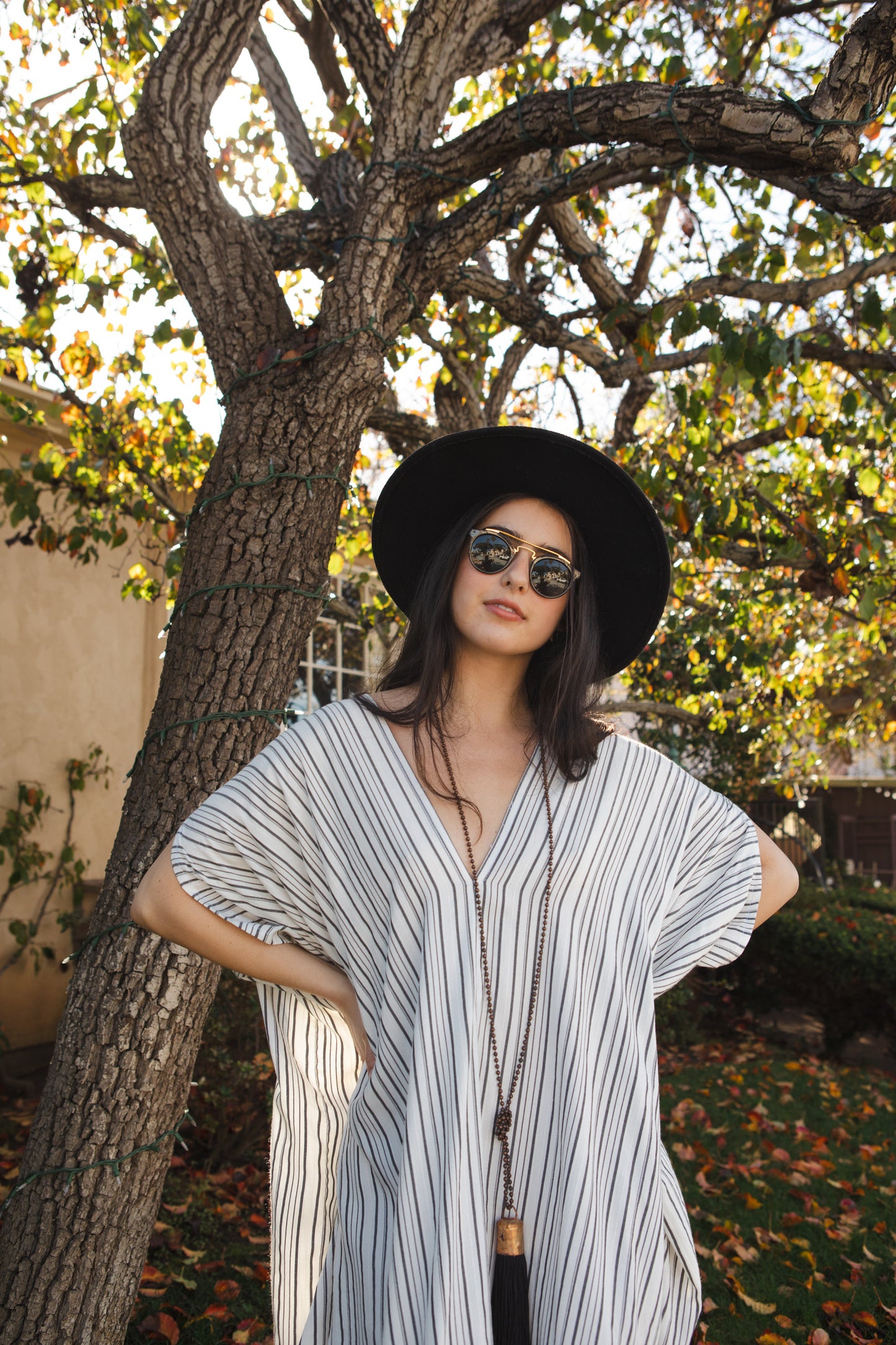 jennafer grace Marlon caftan white with thin vertical black stripes striped kaftan mumu shift dress coverup casual boho bohemian hippie beach resort spa lounge loungewear layering unisex handmade in California USA
