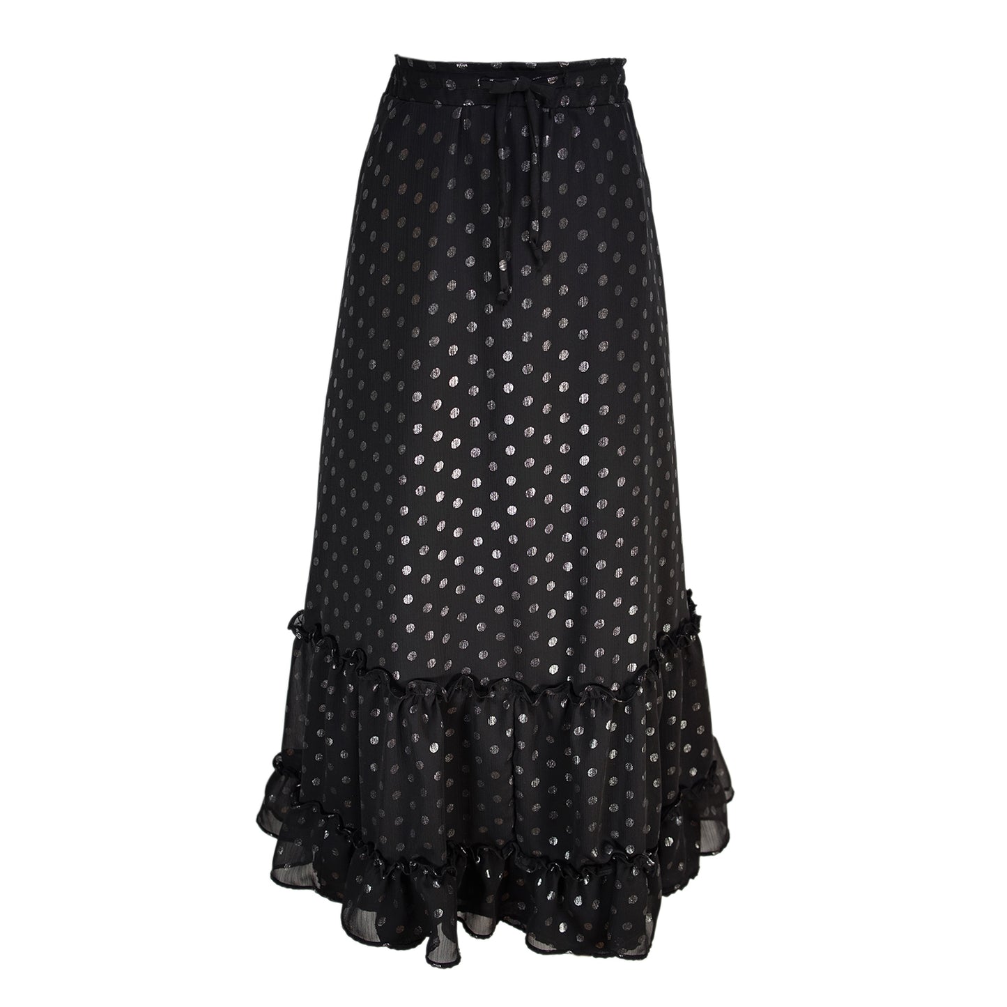 jennafer grace stevie nicks inspired hippie boho gothic bohemian tiered skirt metallic silver polka dots on black chiffon handmade in California USA