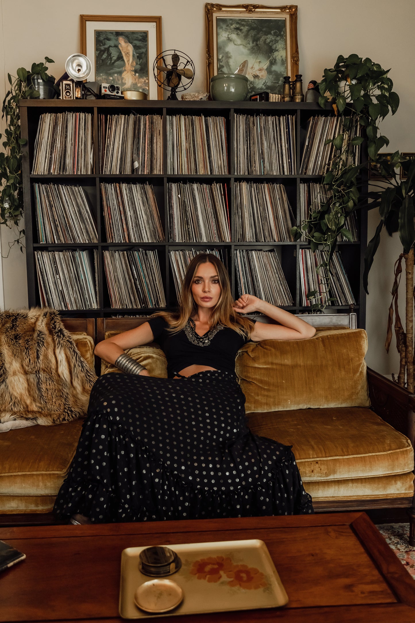 jennafer grace stevie nicks inspired hippie boho gothic bohemian tiered skirt metallic silver polka dots on black chiffon handmade in California USA