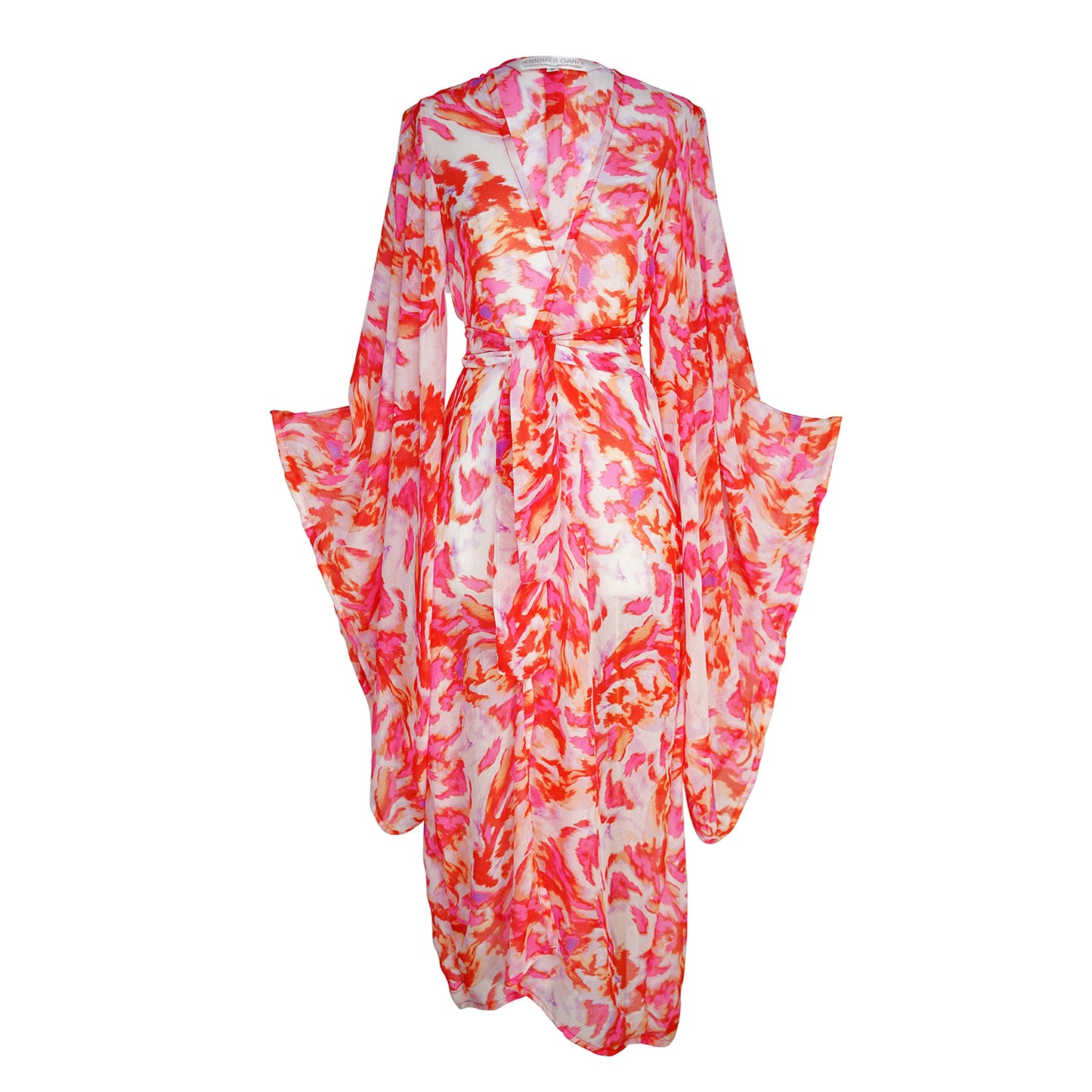 jennafer grace Miami Beach kimono ivory white with hot pink fuchsia neon orange abstract tie-dye print coverup wrap dress with pockets duster jacket robe boho bohemian hippie whimsical romantic beach poolside resort cabana lounge wear unisex handmade in California USA