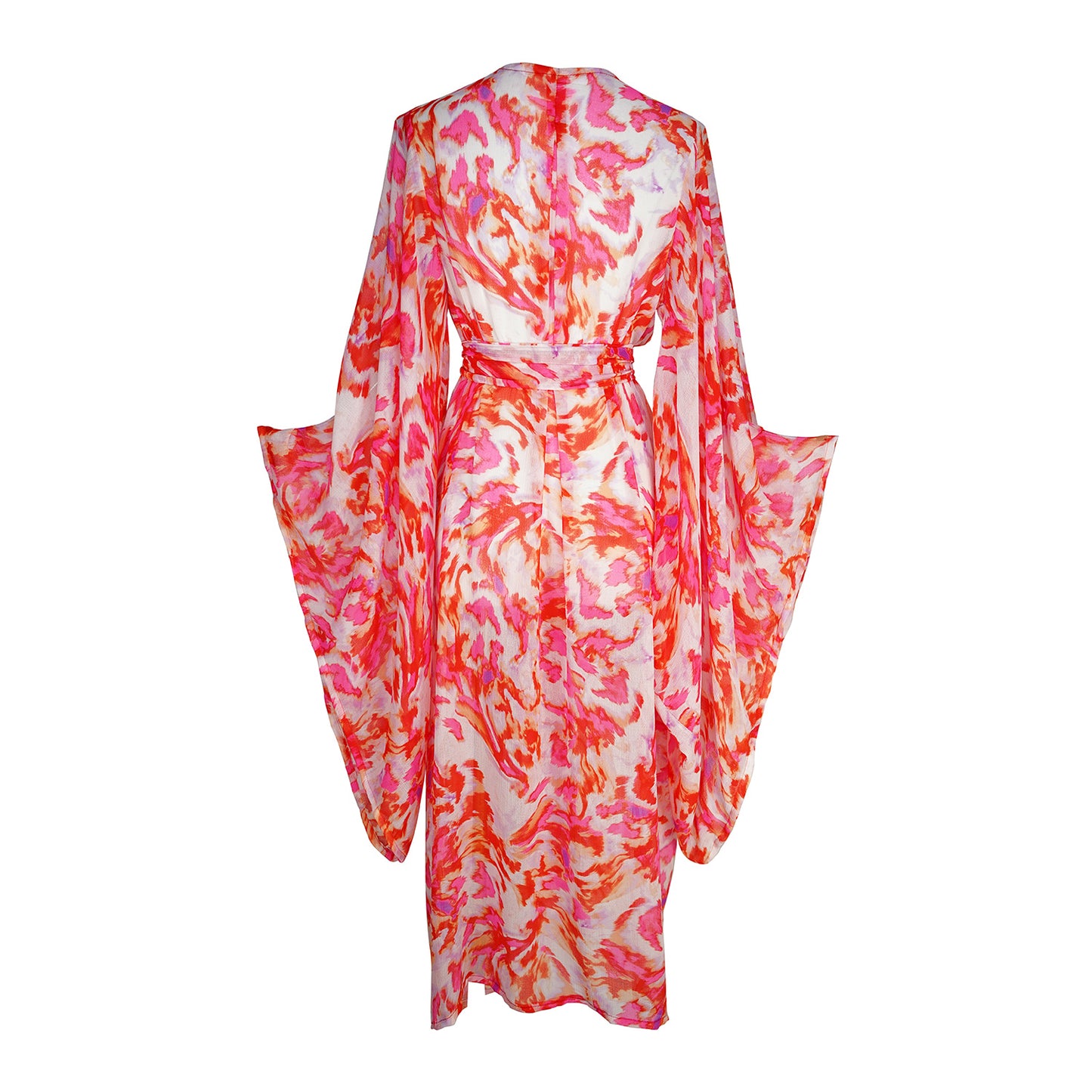 jennafer grace Miami Beach kimono ivory white with hot pink fuchsia neon orange abstract tie-dye print coverup wrap dress with pockets duster jacket robe boho bohemian hippie whimsical romantic beach poolside resort cabana lounge wear unisex handmade in California USA
