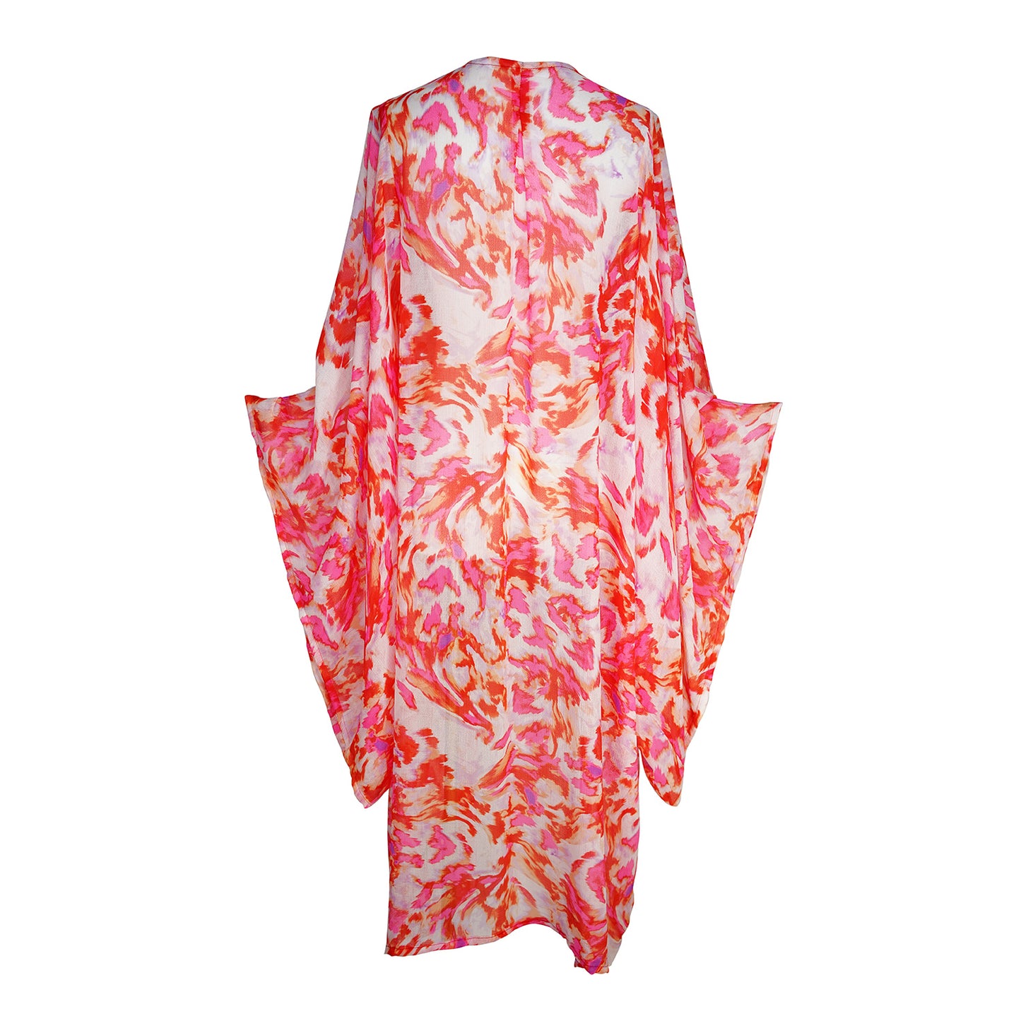 jennafer grace Miami Beach kimono ivory white with hot pink fuchsia neon orange abstract tie-dye print coverup wrap dress with pockets duster jacket robe boho bohemian hippie whimsical romantic beach poolside resort cabana lounge wear unisex handmade in California USA
