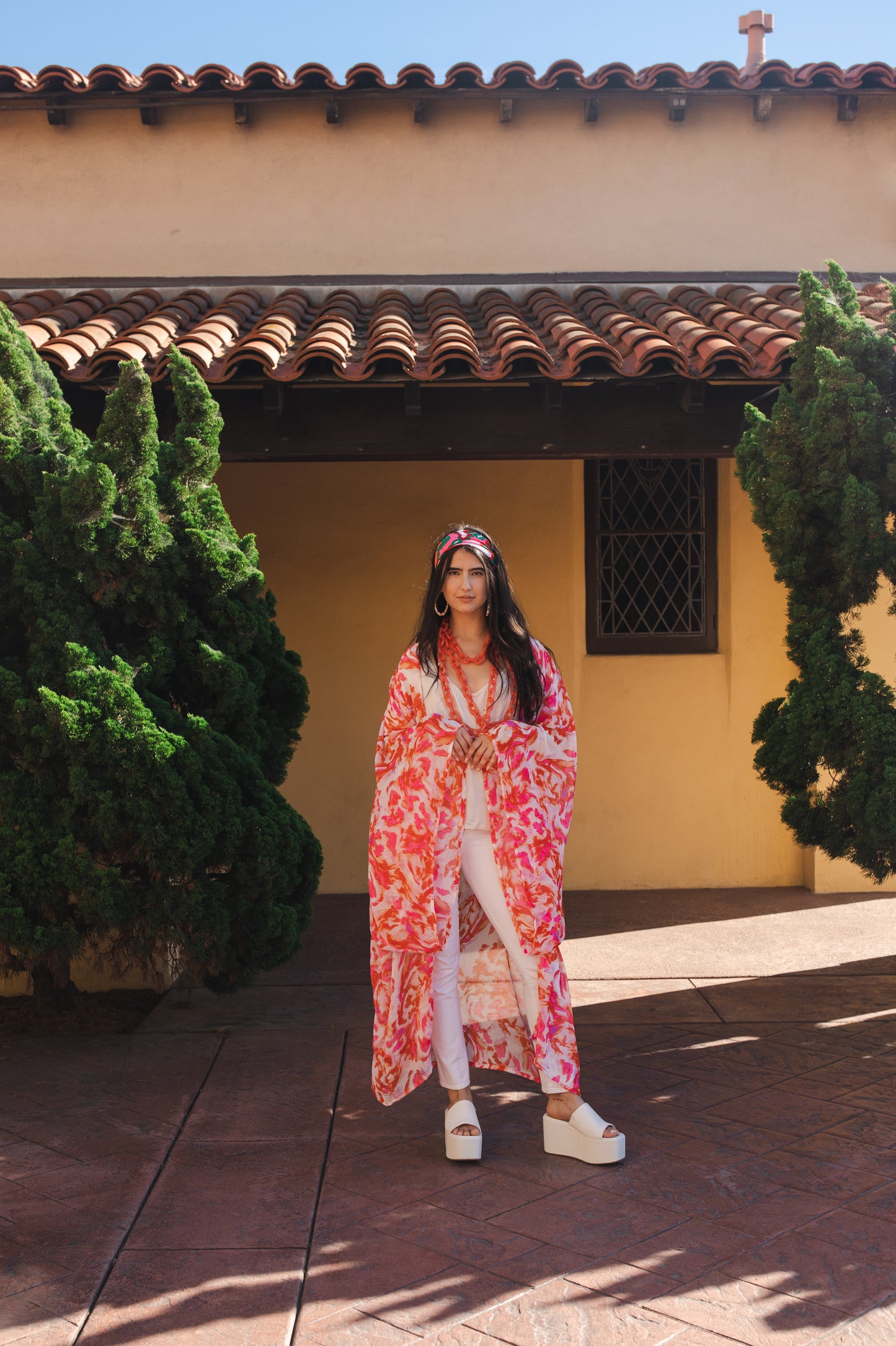 jennafer grace Miami Beach kimono ivory white with hot pink fuchsia neon orange abstract tie-dye print coverup wrap dress with pockets duster jacket robe boho bohemian hippie whimsical romantic beach poolside resort cabana lounge wear unisex handmade in California USA