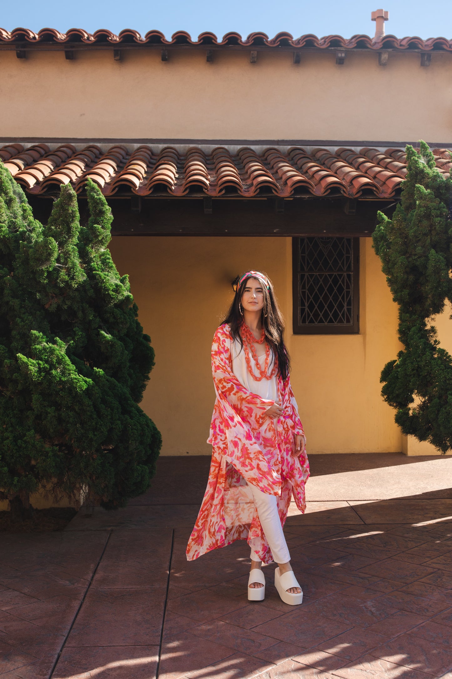 jennafer grace Miami Beach kimono ivory white with hot pink fuchsia neon orange abstract tie-dye print coverup wrap dress with pockets duster jacket robe boho bohemian hippie whimsical romantic beach poolside resort cabana lounge wear unisex handmade in California USA