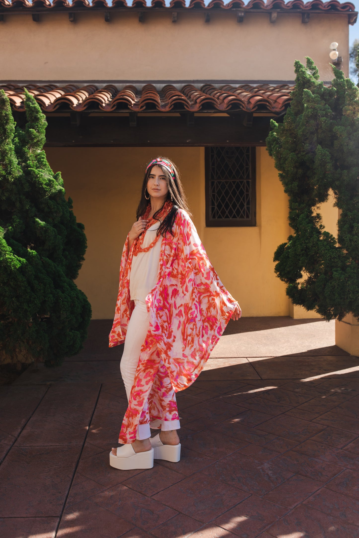 jennafer grace Miami Beach kimono ivory white with hot pink fuchsia neon orange abstract tie-dye print coverup wrap dress with pockets duster jacket robe boho bohemian hippie whimsical romantic beach poolside resort cabana lounge wear unisex handmade in California USA