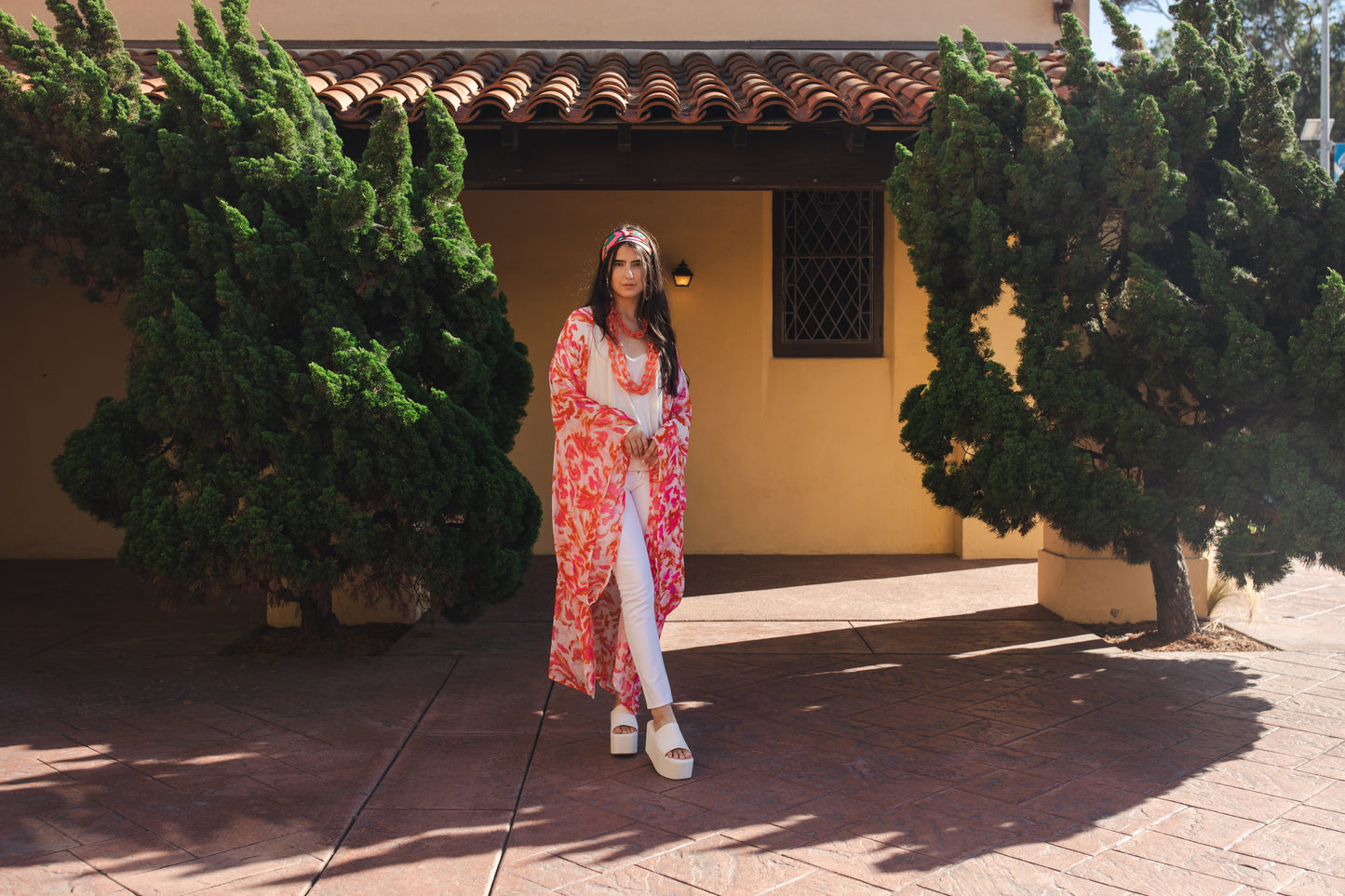 jennafer grace Miami Beach kimono ivory white with hot pink fuchsia neon orange abstract tie-dye print coverup wrap dress with pockets duster jacket robe boho bohemian hippie whimsical romantic beach poolside resort cabana lounge wear unisex handmade in California USA
