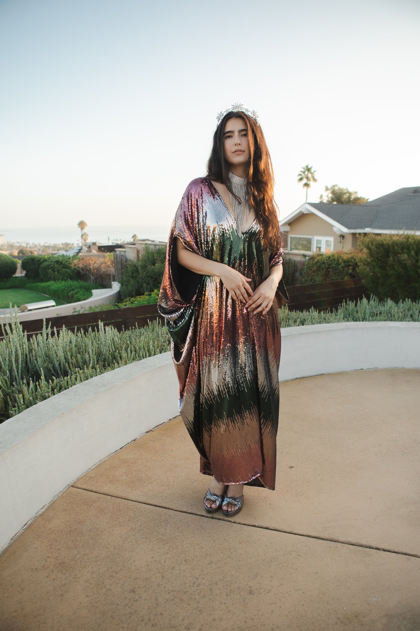 jennafer grace Midnight City sequin caftan blue pink green orange sequined kaftan mumu shift dress coverup casual boho bohemian hippie beach resort spa lounge loungewear layering unisex handmade in California USA