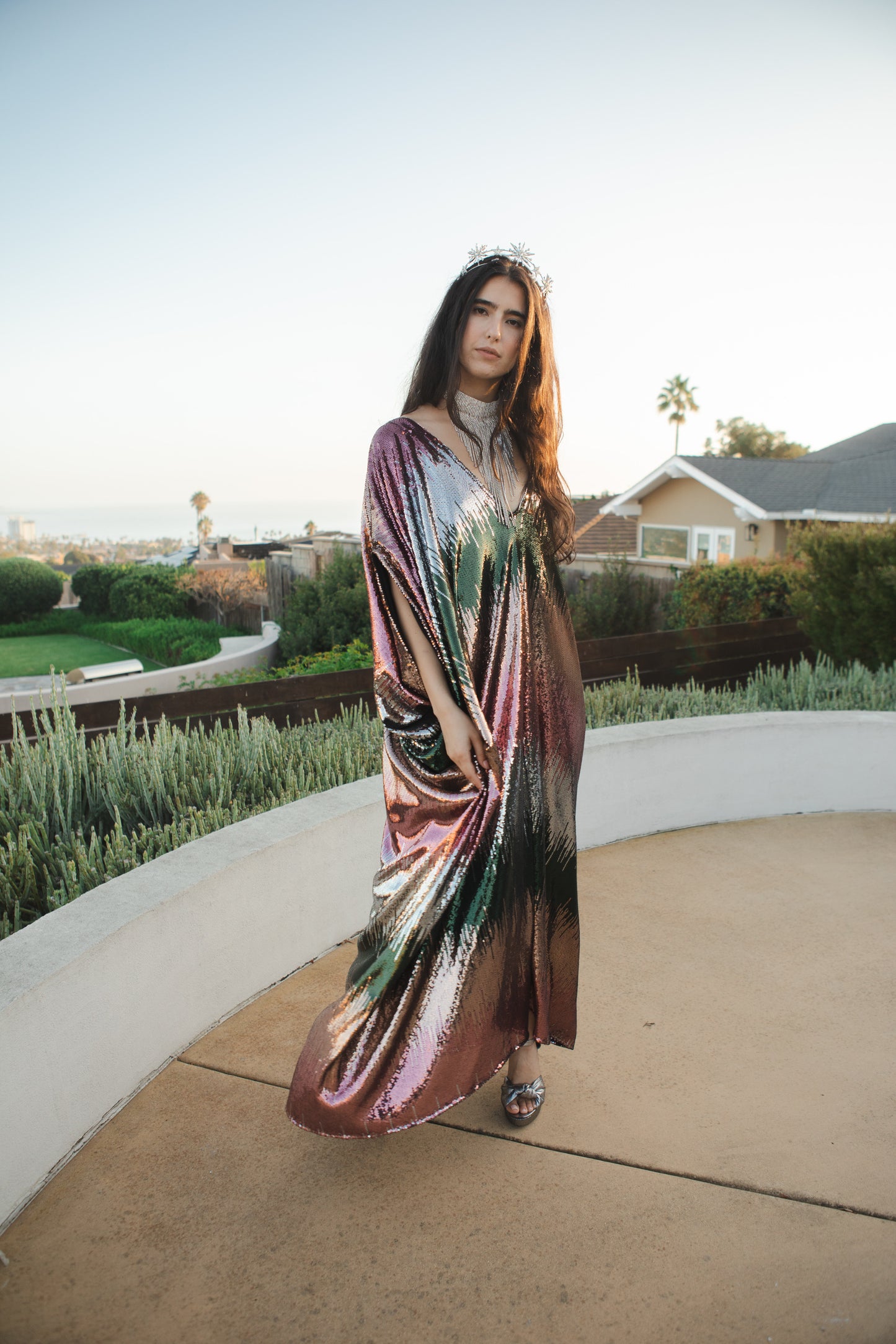 jennafer grace Midnight City sequin caftan blue pink green orange sequined kaftan mumu shift dress coverup casual boho bohemian hippie beach resort spa lounge loungewear layering unisex handmade in California USA