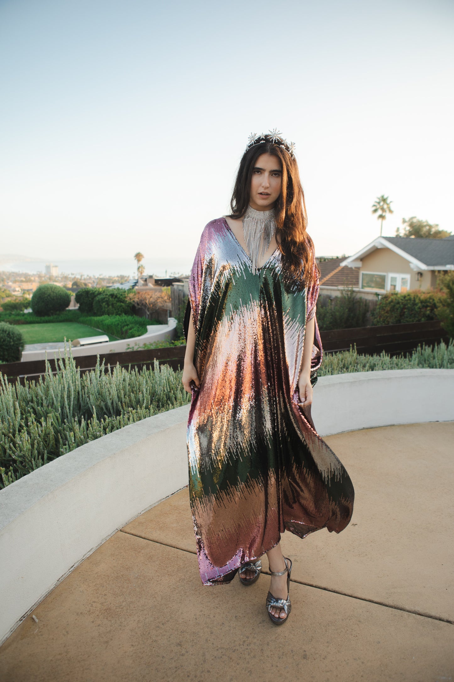 jennafer grace Midnight City sequin caftan blue pink green orange sequined kaftan mumu shift dress coverup casual boho bohemian hippie beach resort spa lounge loungewear layering unisex handmade in California USA
