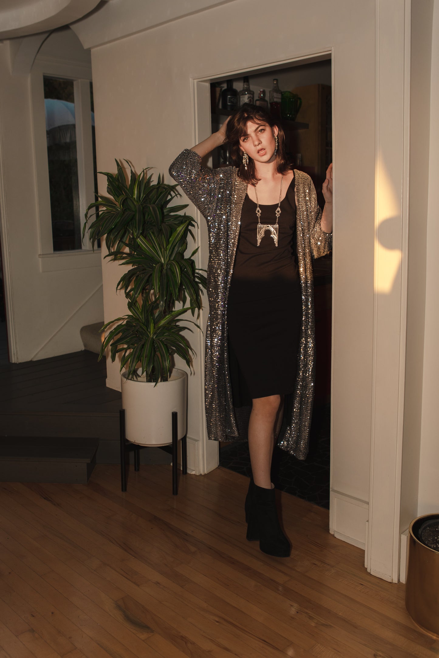 jennafer grace moonstone noir sequin sequined cocoon jacket duster cardigan opera coat silver black boho bohemian hippie romantic whimsical studio 54 unisex handmade in california usa