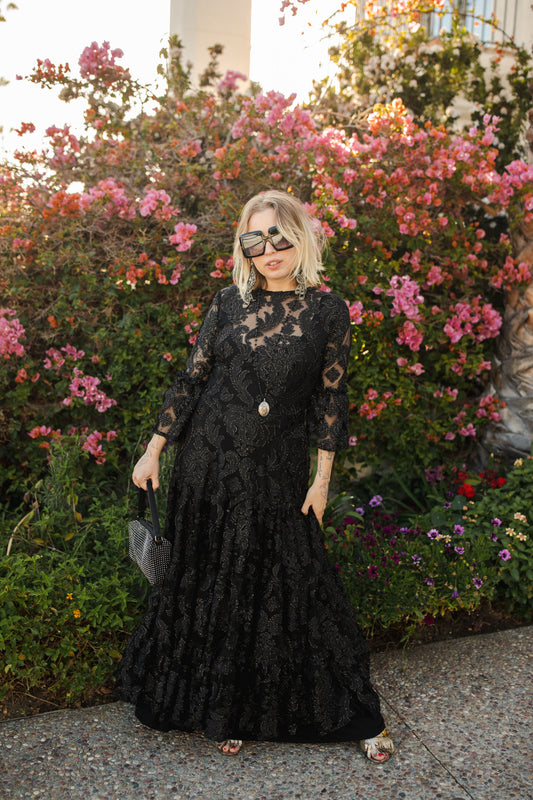 jennafer grace petite mystic lace ruffle dress 3 tiered skirt semi-sheer black lace gold metallic thread shimmery goth evening gown gothic boho bohemian hippie romantic whimsical handmade in california usa