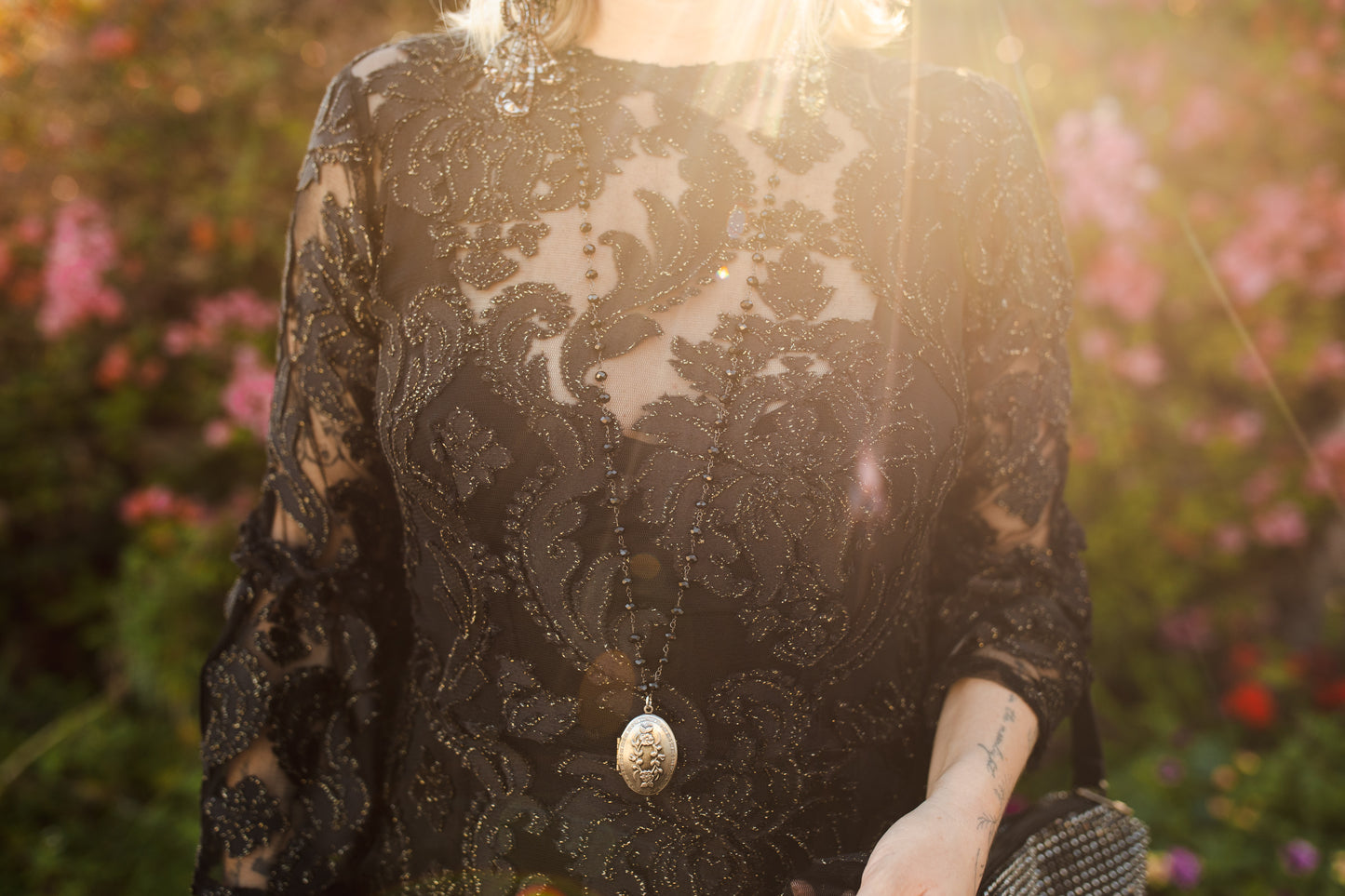 jennafer grace petite mystic lace ruffle dress 3 tiered skirt semi-sheer black lace gold metallic thread shimmery goth evening gown gothic boho bohemian hippie romantic whimsical handmade in california usa