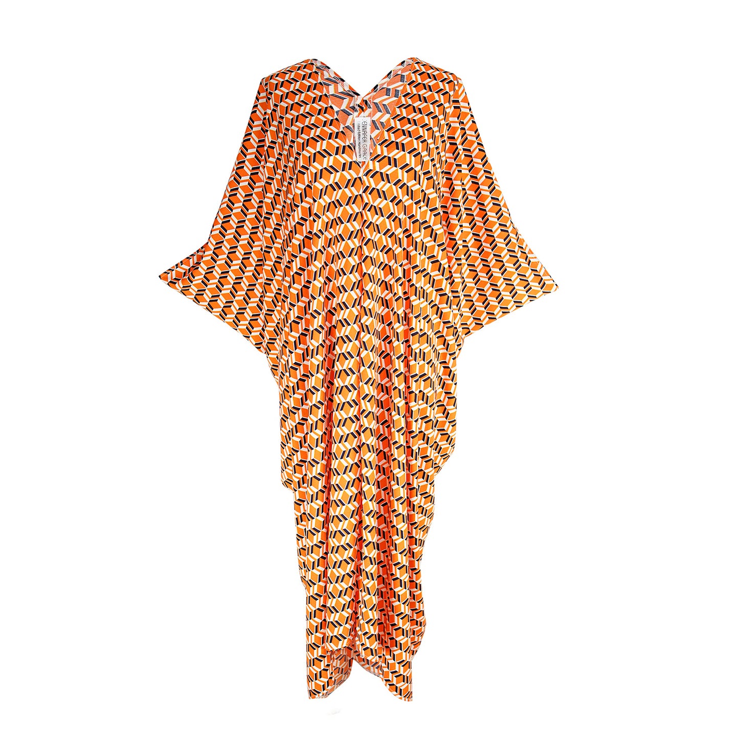 jennafer grace Nero caftan orange white navy blue bold geometric mcm mid-century modern retro 60s 1960s kaftan mumu shift dress coverup casual boho bohemian hippie beach resort spa lounge loungewear layering unisex handmade in California USA