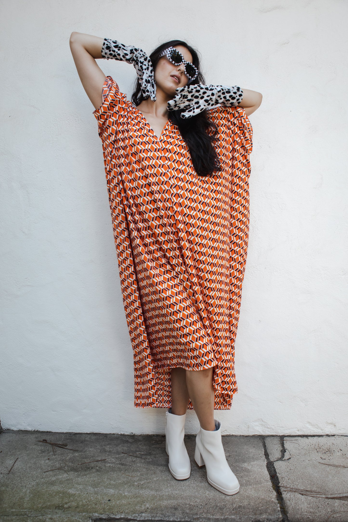 jennafer grace Nero caftan orange white navy blue bold geometric mcm mid-century modern retro 60s 1960s kaftan mumu shift dress coverup casual boho bohemian hippie beach resort spa lounge loungewear layering unisex handmade in California USA
