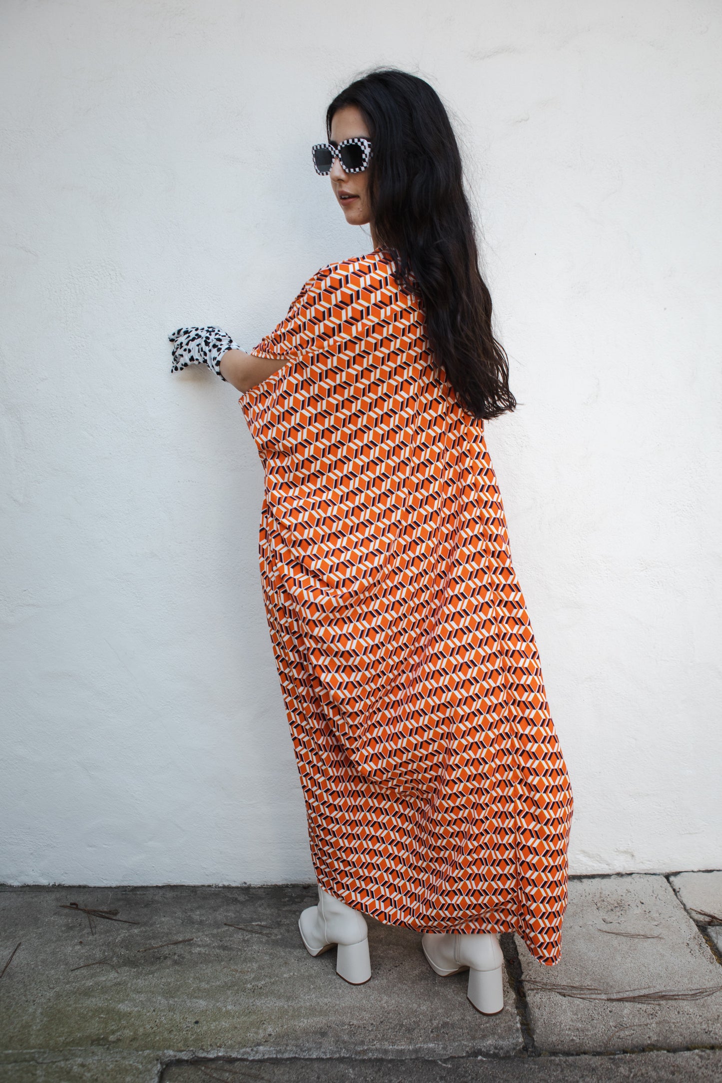 jennafer grace Nero caftan orange white navy blue bold geometric mcm mid-century modern retro 60s 1960s kaftan mumu shift dress coverup casual boho bohemian hippie beach resort spa lounge loungewear layering unisex handmade in California USA