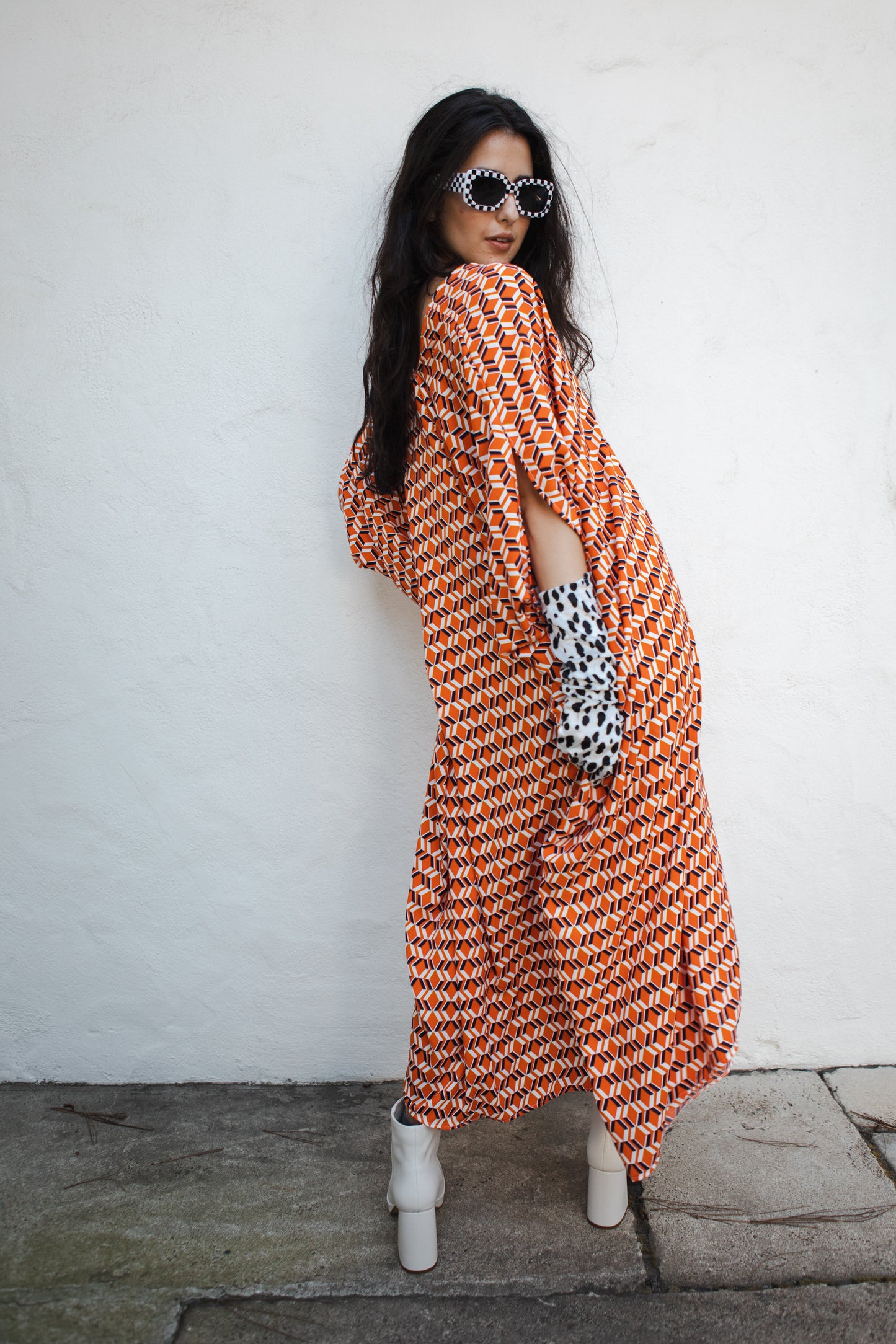 jennafer grace Nero caftan orange white navy blue bold geometric mcm mid-century modern retro 60s 1960s kaftan mumu shift dress coverup casual boho bohemian hippie beach resort spa lounge loungewear layering unisex handmade in California USA
