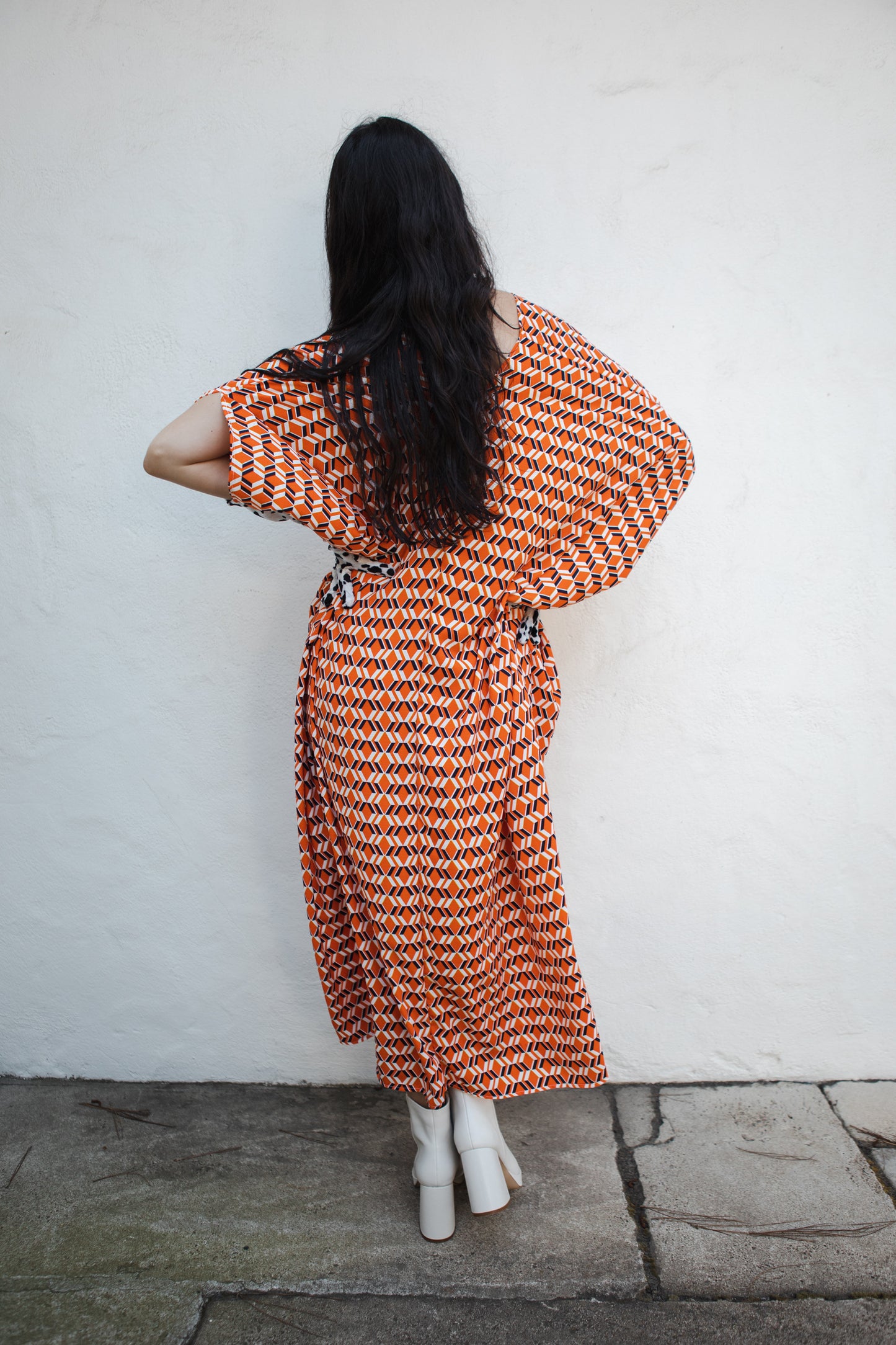 jennafer grace Nero caftan orange white navy blue bold geometric mcm mid-century modern retro 60s 1960s kaftan mumu shift dress coverup casual boho bohemian hippie beach resort spa lounge loungewear layering unisex handmade in California USA
