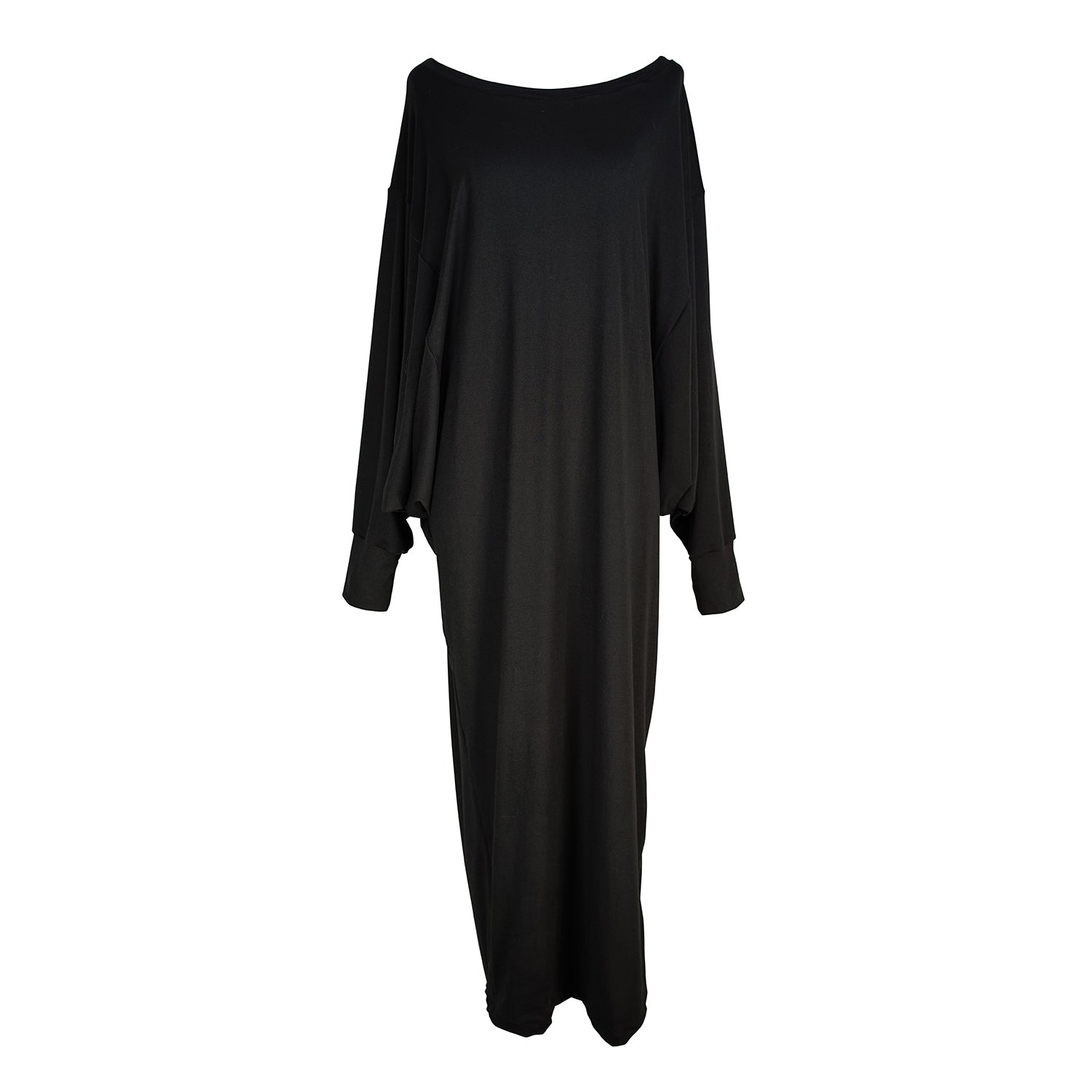 Jennafer Grace Onyx Metamorphosis Dress soft black midi maxi dress batwing sleeves crew neck tapered skirt cozy gothic winter glam goth boho bohemian hippie romantic whimsical unisex handmade in California USA