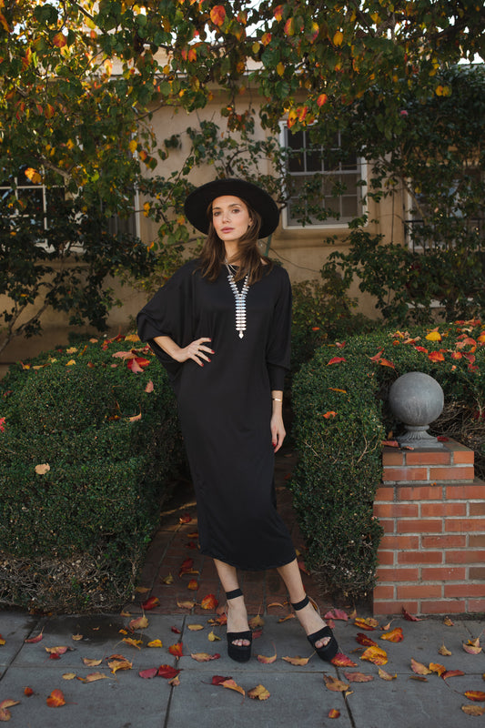 Jennafer Grace Onyx Metamorphosis Dress soft black midi maxi dress batwing sleeves crew neck tapered skirt cozy gothic winter glam goth boho bohemian hippie romantic whimsical unisex handmade in California USA