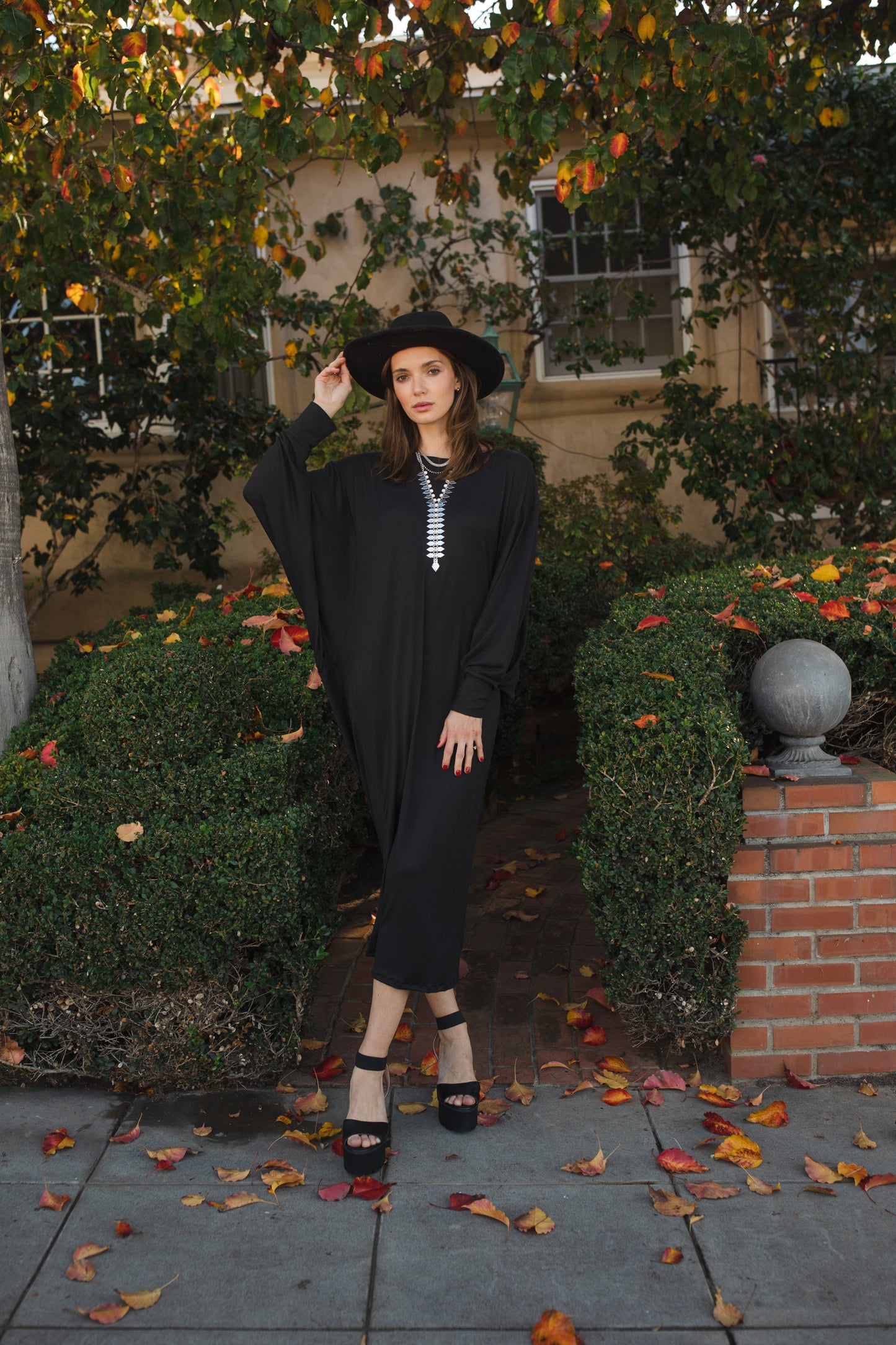 Jennafer Grace Onyx Metamorphosis Dress soft black midi maxi dress batwing sleeves crew neck tapered skirt cozy gothic winter glam goth boho bohemian hippie romantic whimsical unisex handmade in California USA